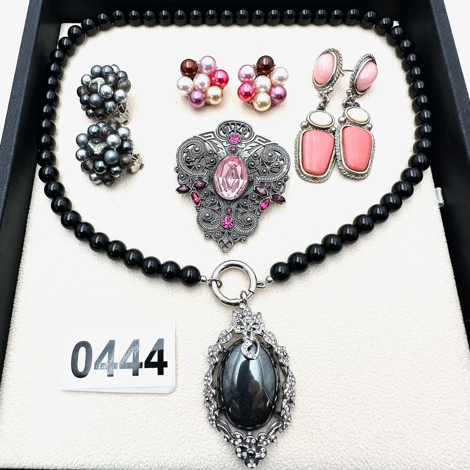 Vintage and Modern Jewelry Collection Black Gemstone Necklace Clip and Pierced Earrings Pink Crystal: Vintage and Modern Jewelry Collection Black Gemstone Necklace Clip and Pierced Earrings Pink Crystal Brooch