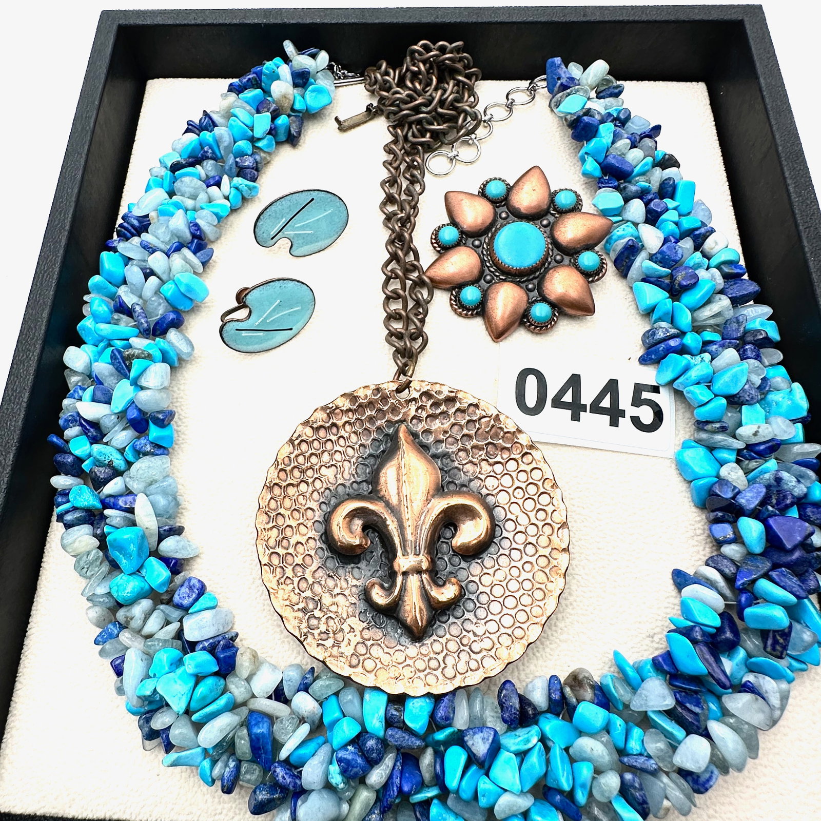 Vintage and Modern Jewelry Collection Lapis Turquoise Gemstone Necklace Copper Brooch Earrings and: Vintage and Modern Jewelry Collection Lapis Turquoise Gemstone Necklace Copper Brooch Earrings and Necklace