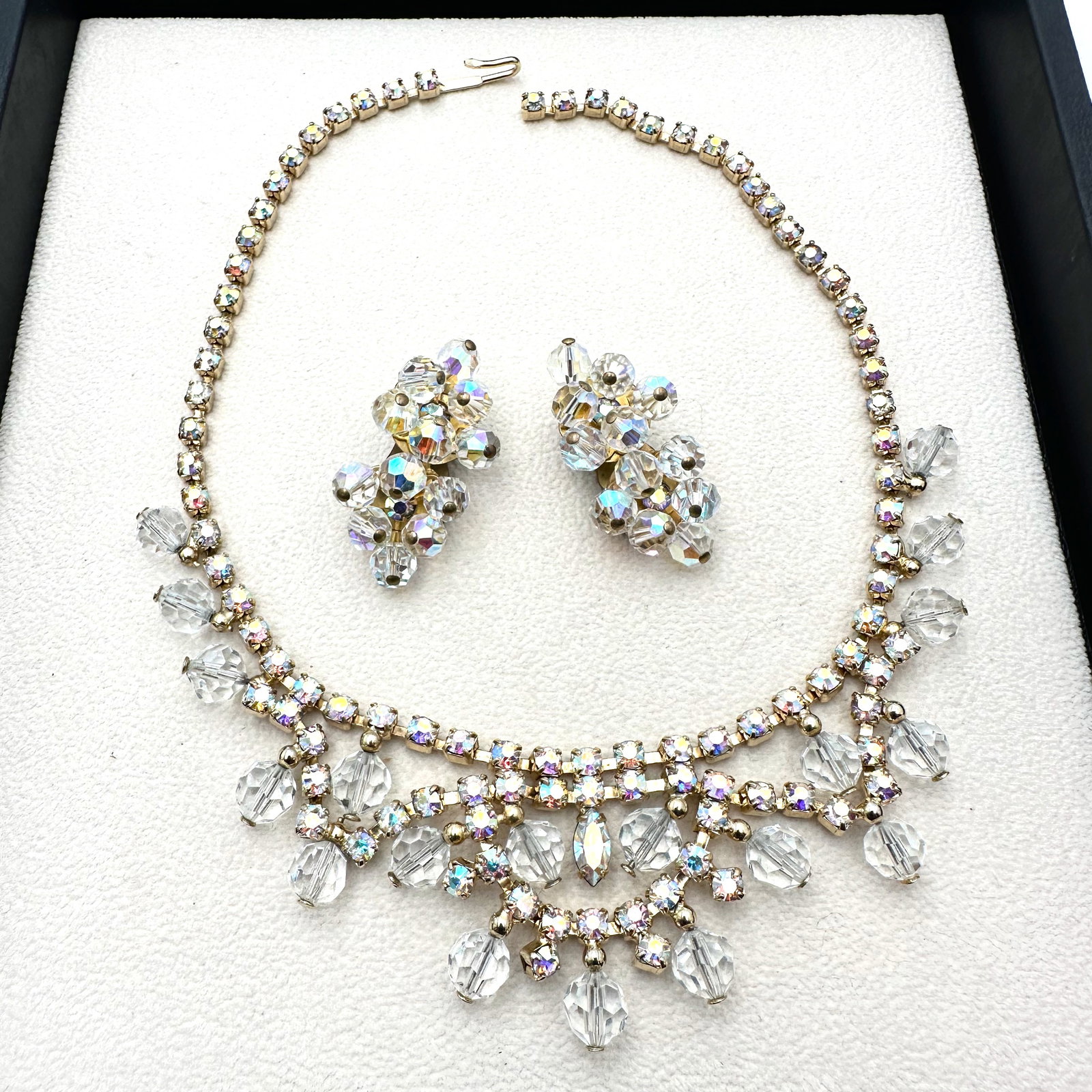 Vintage Aurora Borealis Glass Rhinestone And Bead Gold Tone Necklace And Clip Earrings (1 of 2)