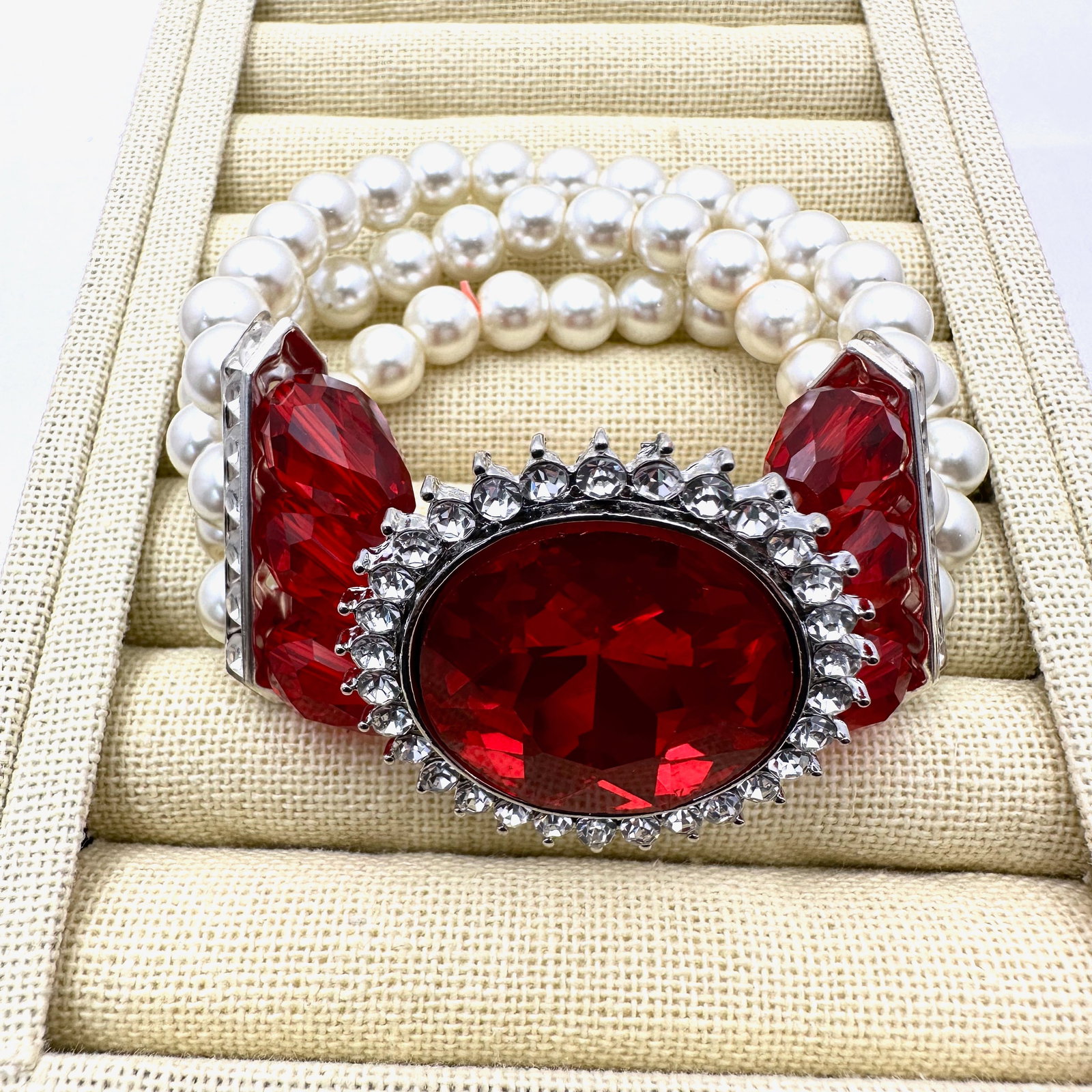 Red Glass rhinestone Faux Pearl Silver Tone Expandable Bracelet (1 of 2)