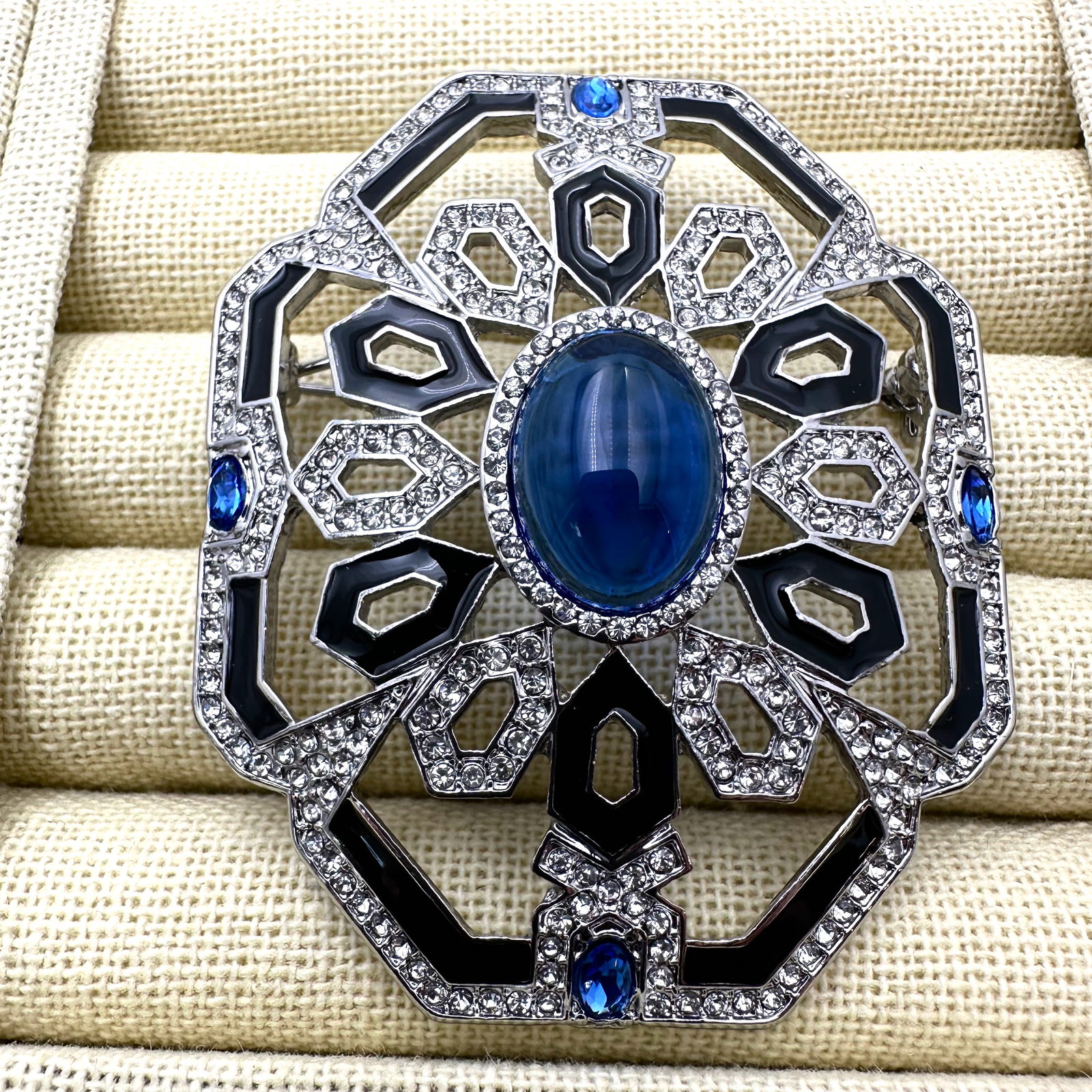 Blue Cabochon Black Enamel Clear Rhinestone Silver Tone Brooch Pin 2.75 Inch (1 of 2)