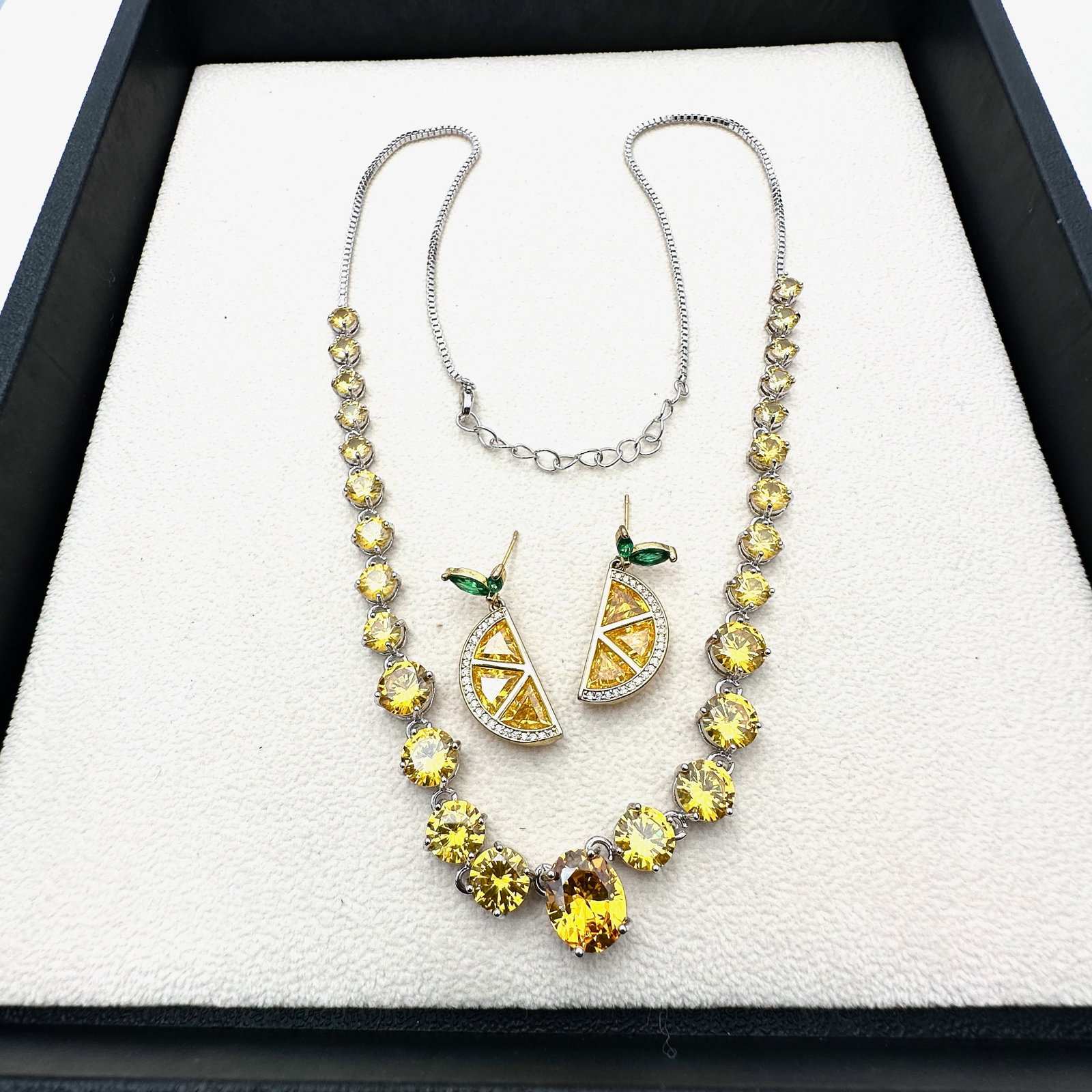 Yellow Crystal Silve tone Necklace and Lemon Slice Pierced Earrings: Yellow Crystal Silve tone Necklace and Lemon Slice Pierced Earrings