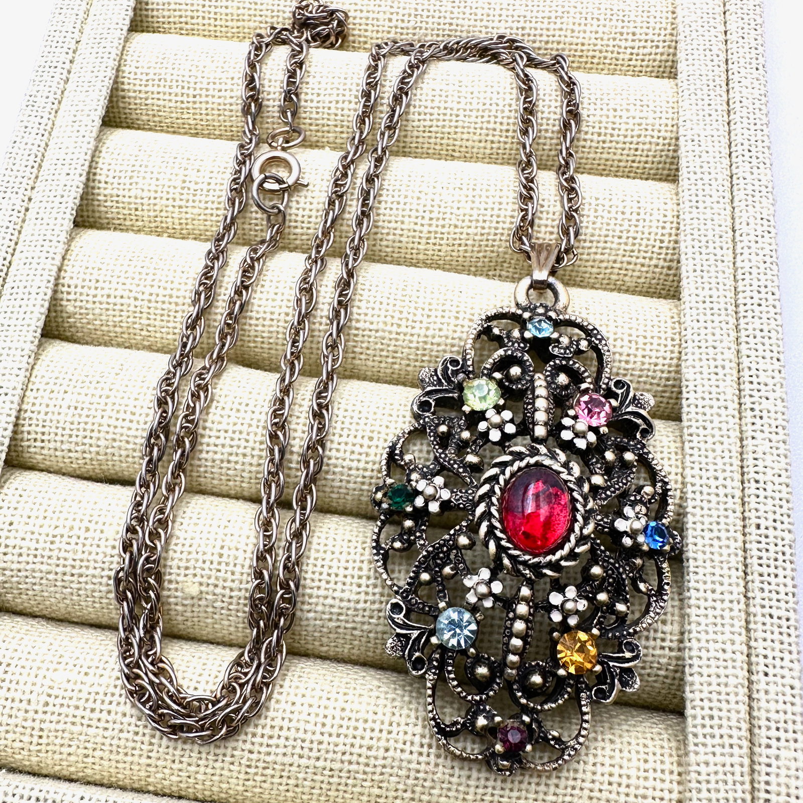 Vintage Multicolor Rhinestone Gold Tone Pendant Necklace (1 of 2)