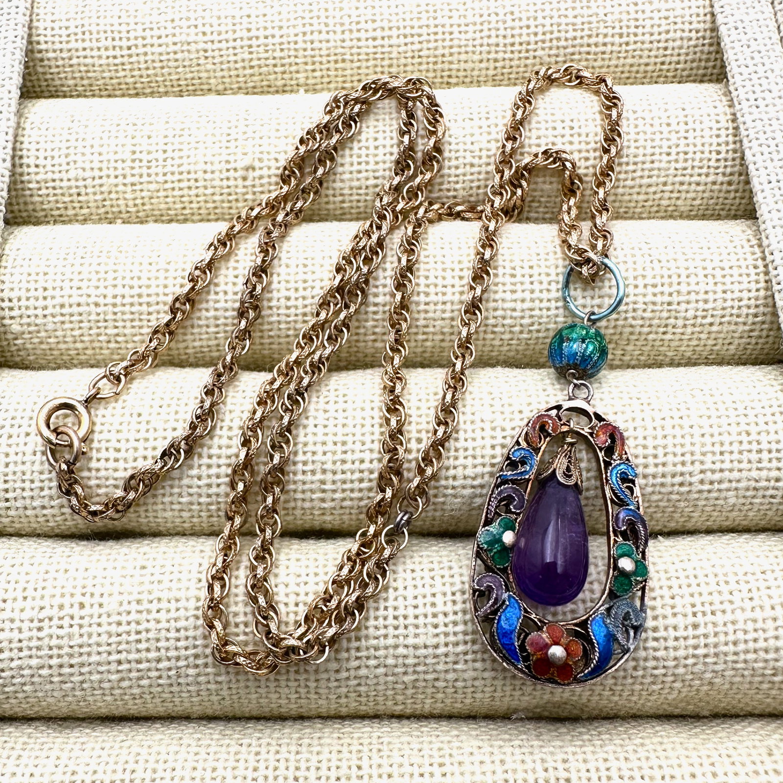 Vintage Gold Filled Amethyst Drop Enamel Pendant Necklace 20 Inch Chain (1 of 2)