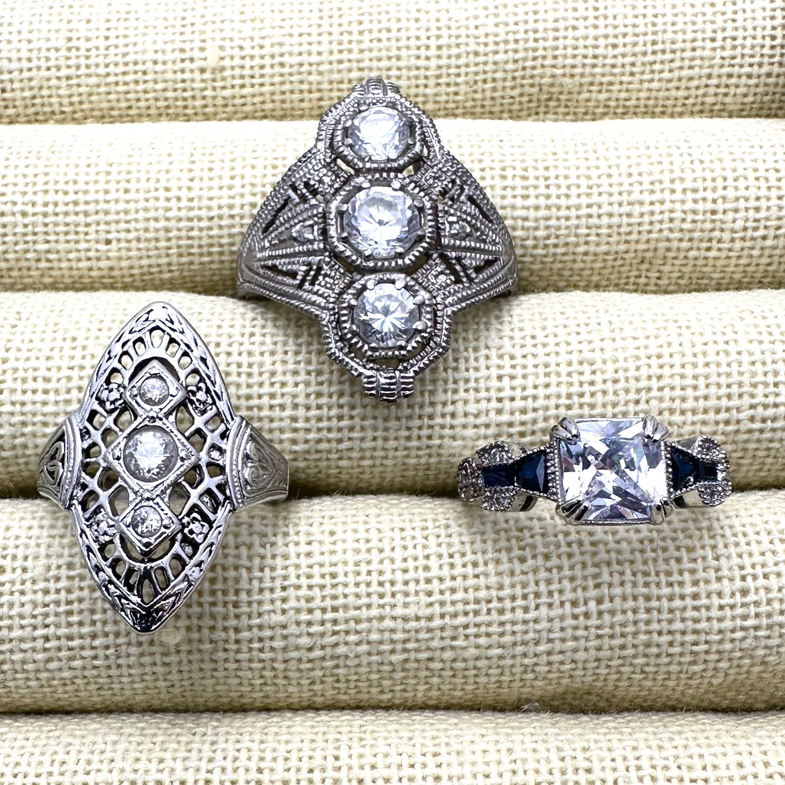 Vintage Costume Art Deco Design Rings 2 Size 8 and 1 Size 6 Silver Plated: Vintage Costume Art Deco Design Rings 2 Size 8 and 1 Size 6 Silver Plated