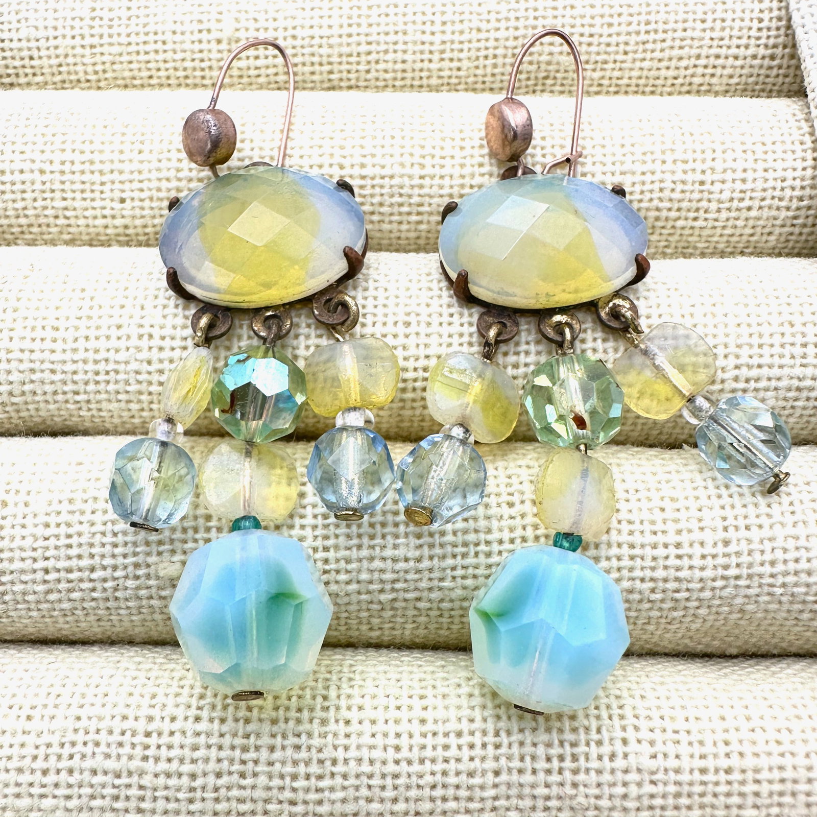 Vintage Yellow Striped Glass Bead Chandelier Wire Pierced Earrings 2 Inch Length (1 of 2)