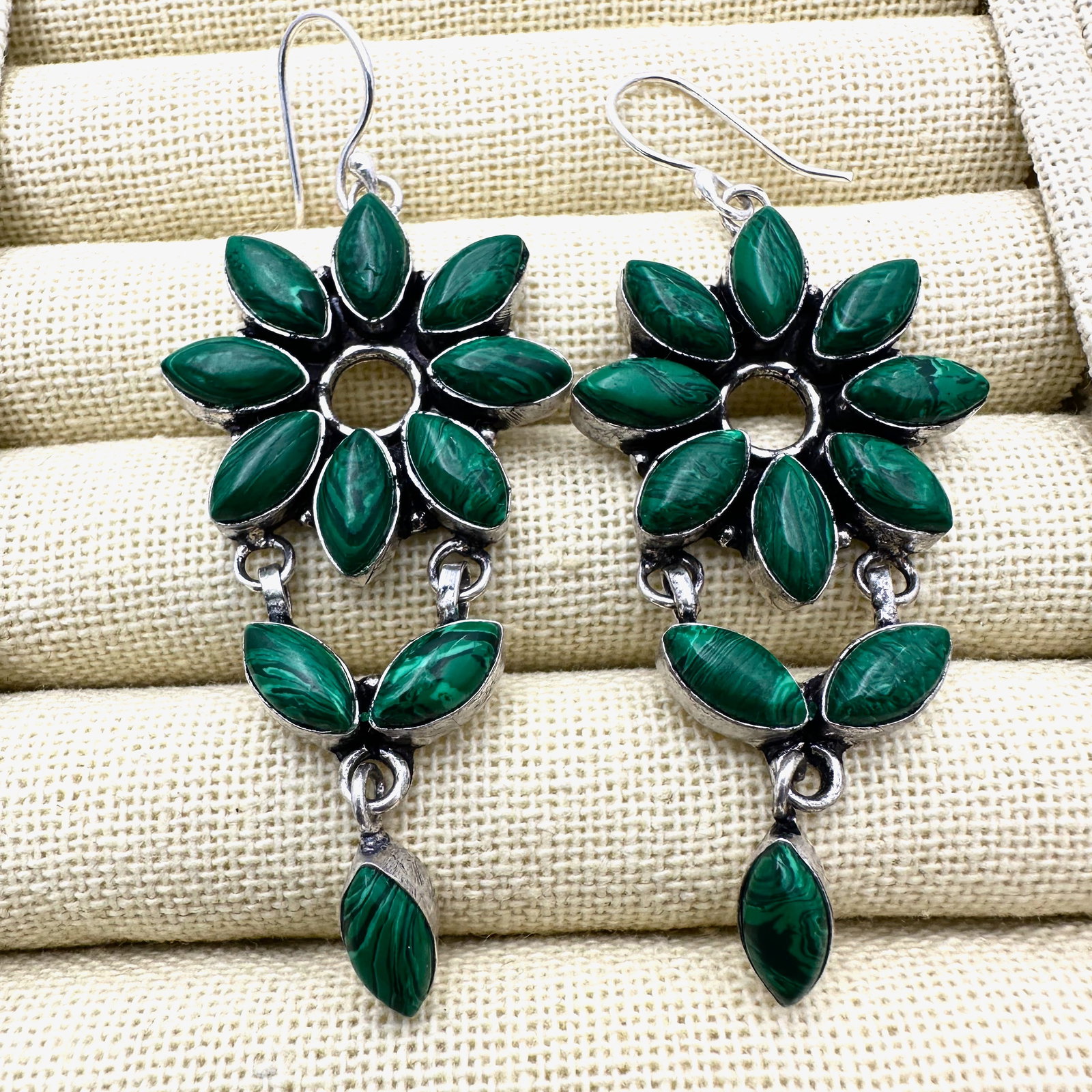 Green Malachite Gemstone Silver Plated Pierced Earrings 3 Inch. Length (1 of 2)