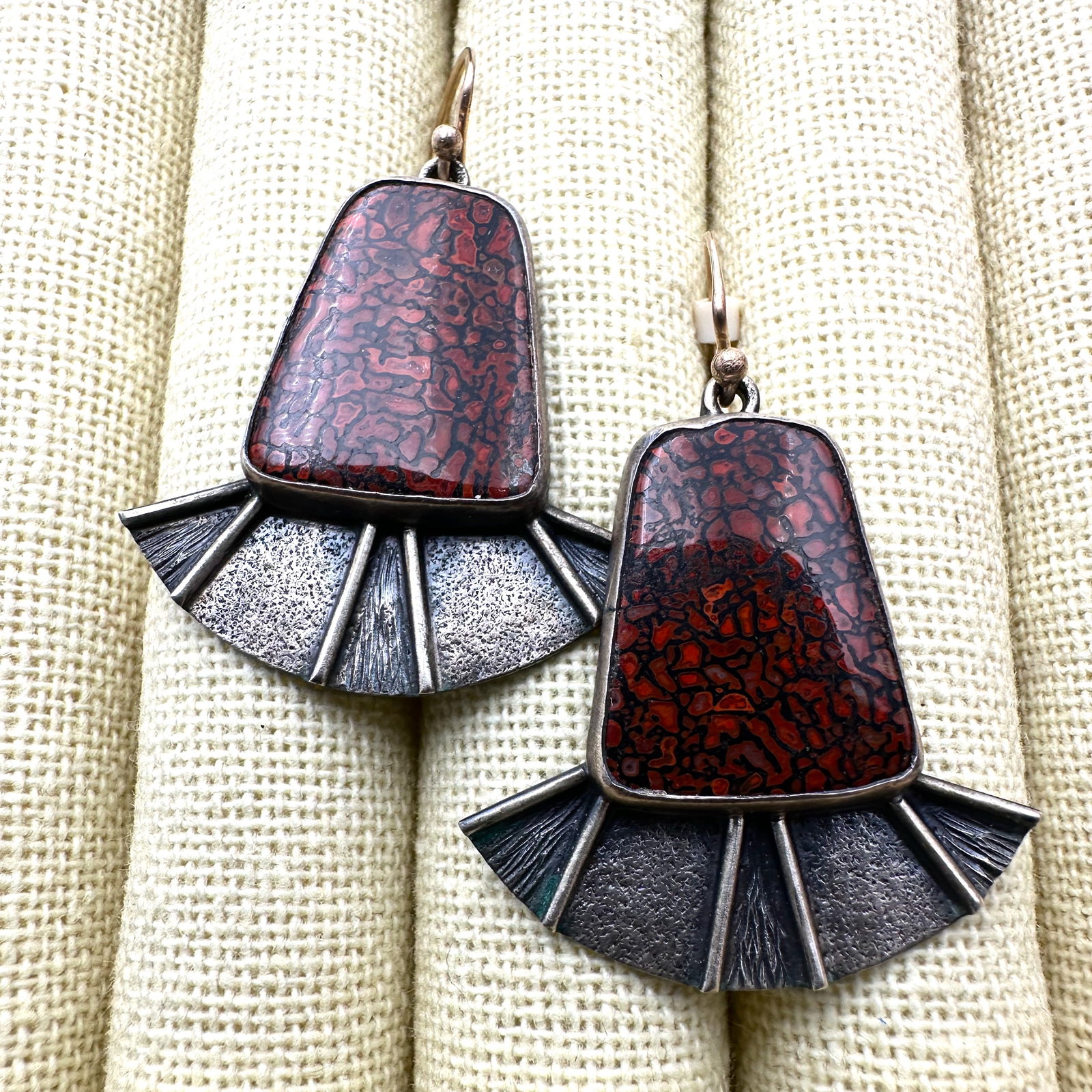 Mixed Metal Gold and Sterling Silver Dinosaur Bone Pierced Earrings 1.75 Inch Length (1 of 2)
