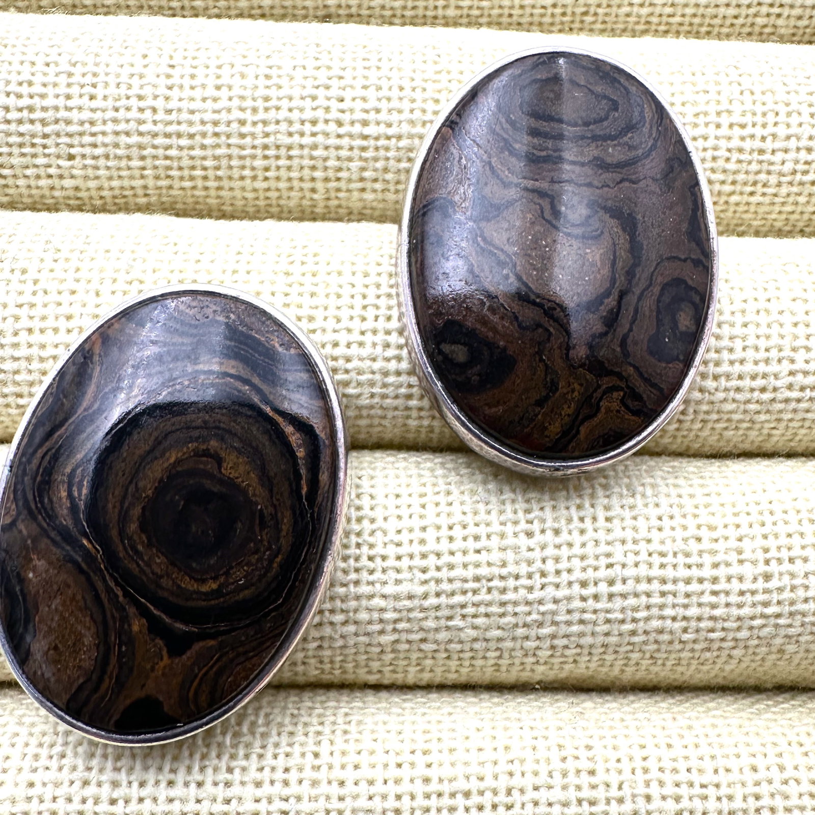 Black Brown Swirl Gemstone Sterling Silver Pierced Earrings 1.25 Inch (1 of 2)