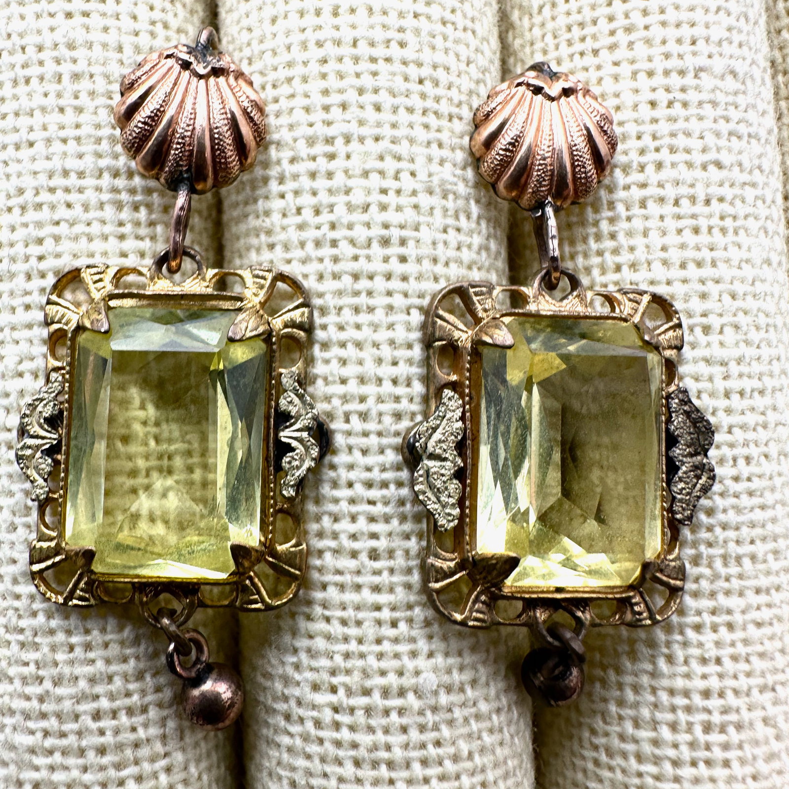 Antique Vintage Yellow Czech Glass Gold Filled Wire Pierced Earrings 1.25 Inch (1 of 2)