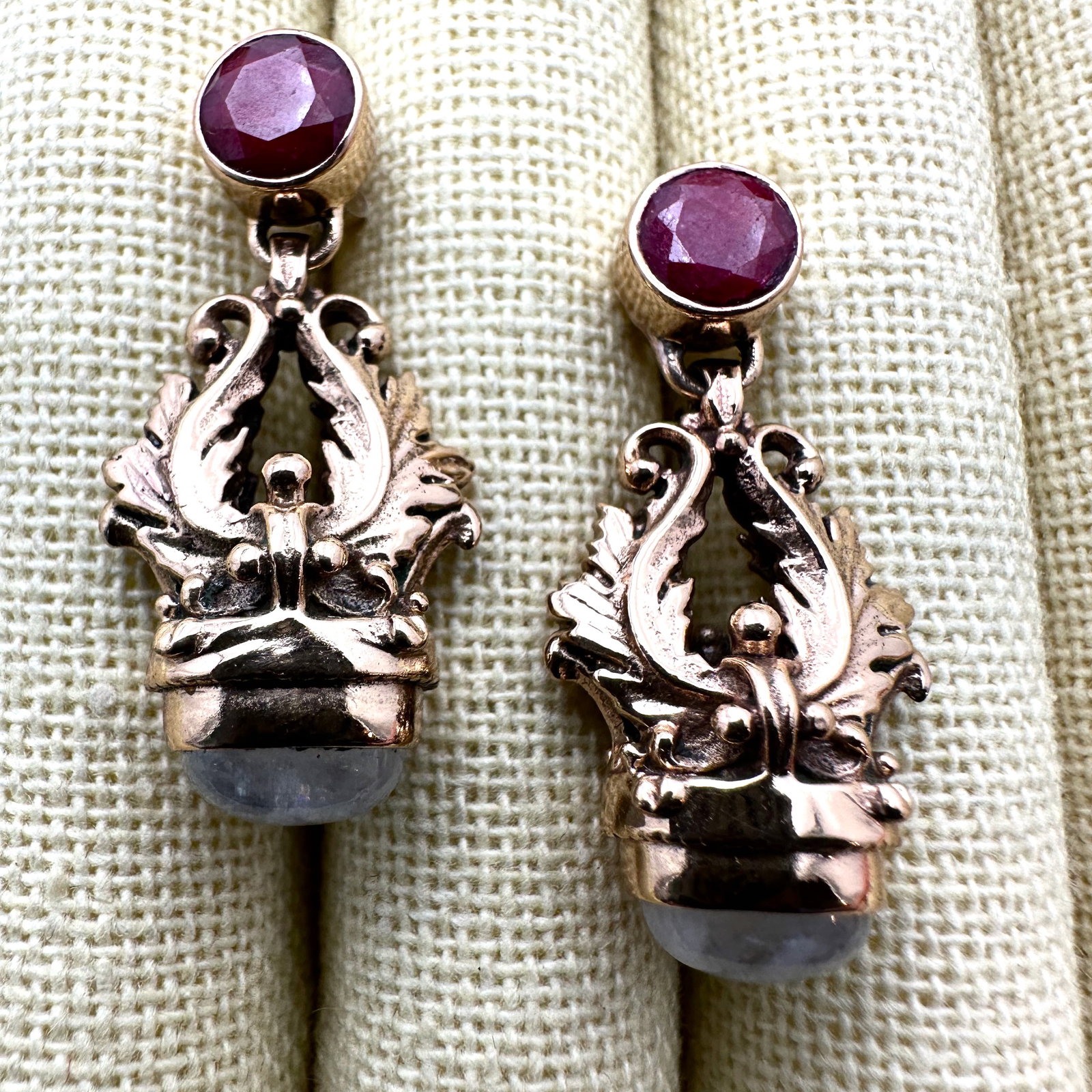 Nicky Butler Ruby Moonstone Fob Design Gold Plated Sterling Silver Earrings Pierced 1.5 Inch (1 of 2)