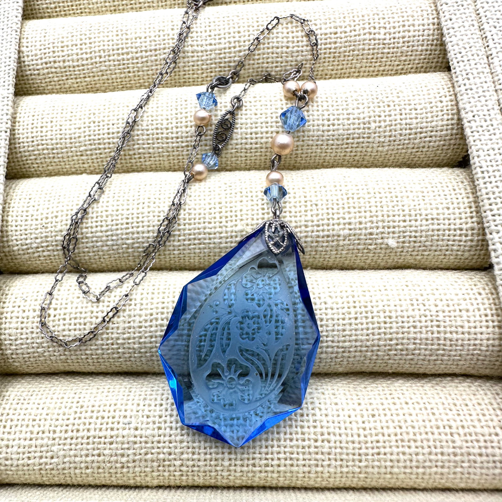 Antique Art Deco Blue Czech Glass Pendant Sterling Silver Necklace 17 Inch (1 of 2)