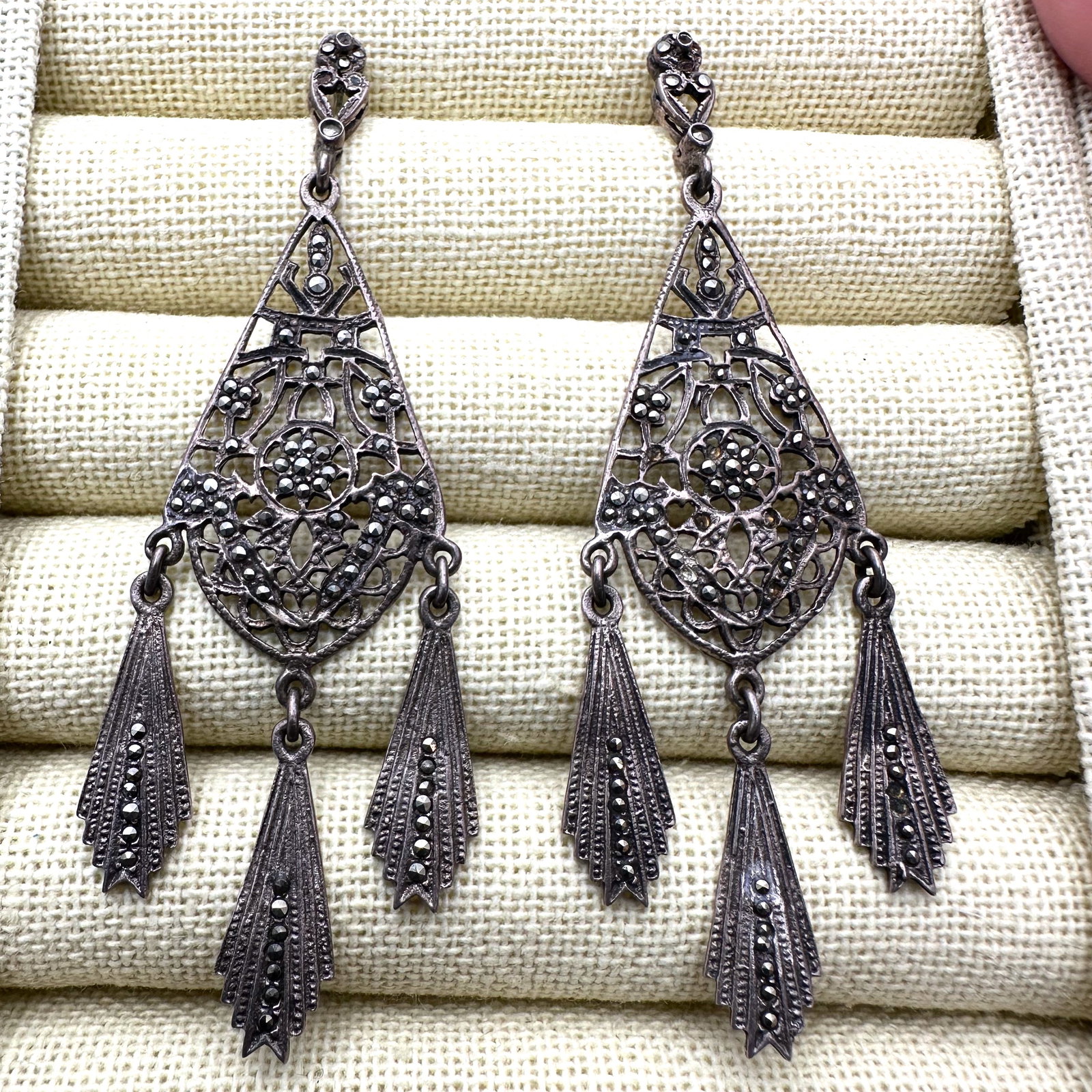 Vintage Marcasite Sterling Silver 3 Inch Chandelier Pierced Earrings (1 of 2)