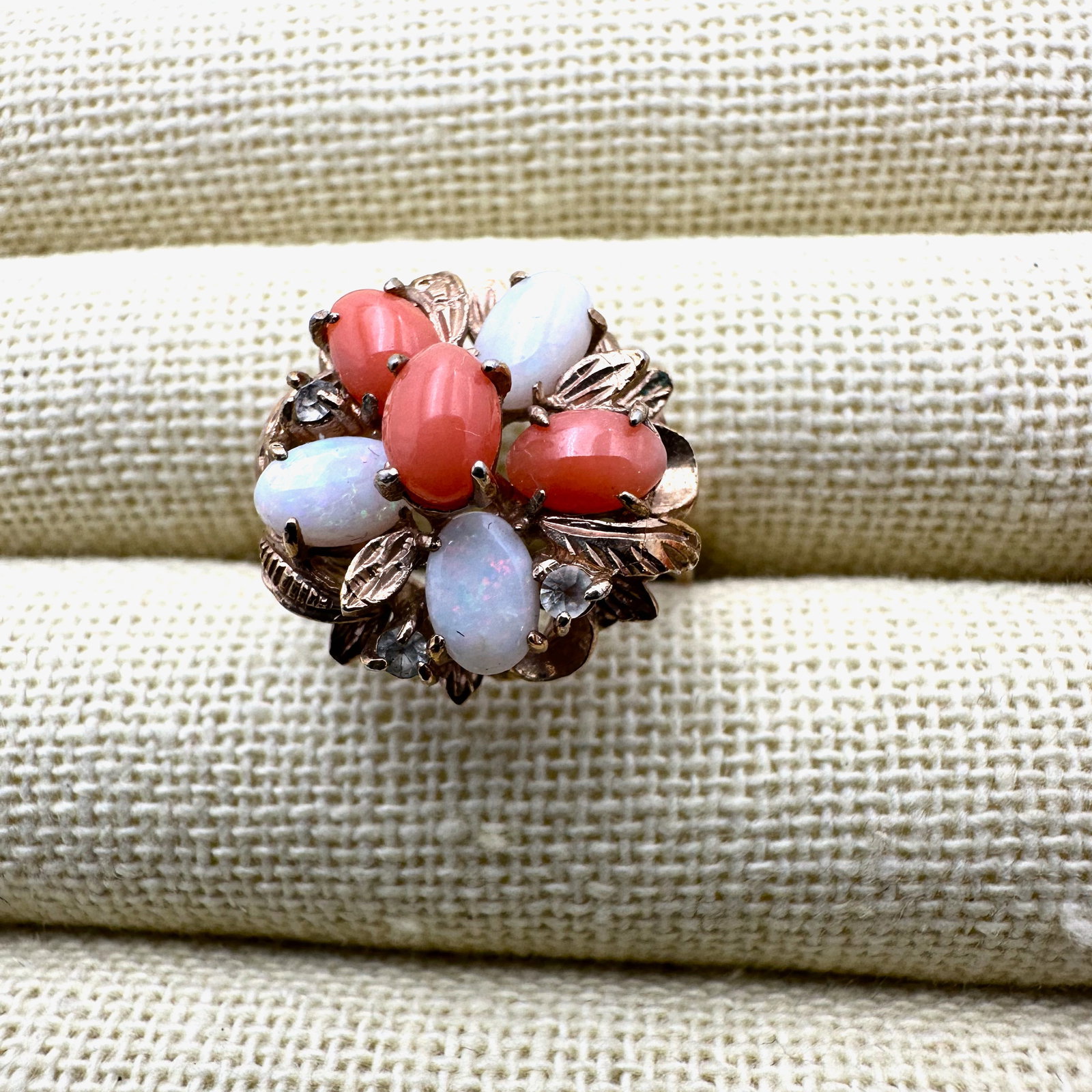 Vintage Angel Skin Coral Opal Gold Plated Ring Size 9: Vintage Angel Skin Coral Opal Gold Plated Ring Size 10