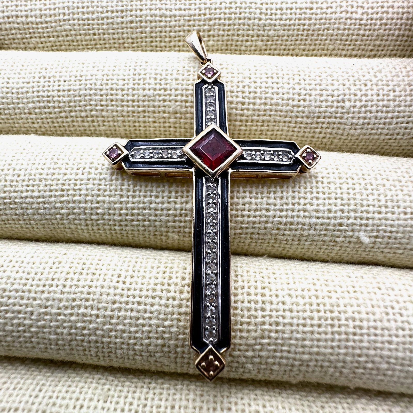 Diamond and Garnet Gold Plated Sterling Silver Cross Pendant 2.5 Inch: Diamond and Garnet Gold Plated Sterling Silver Cross Pendant 2.5 Inch