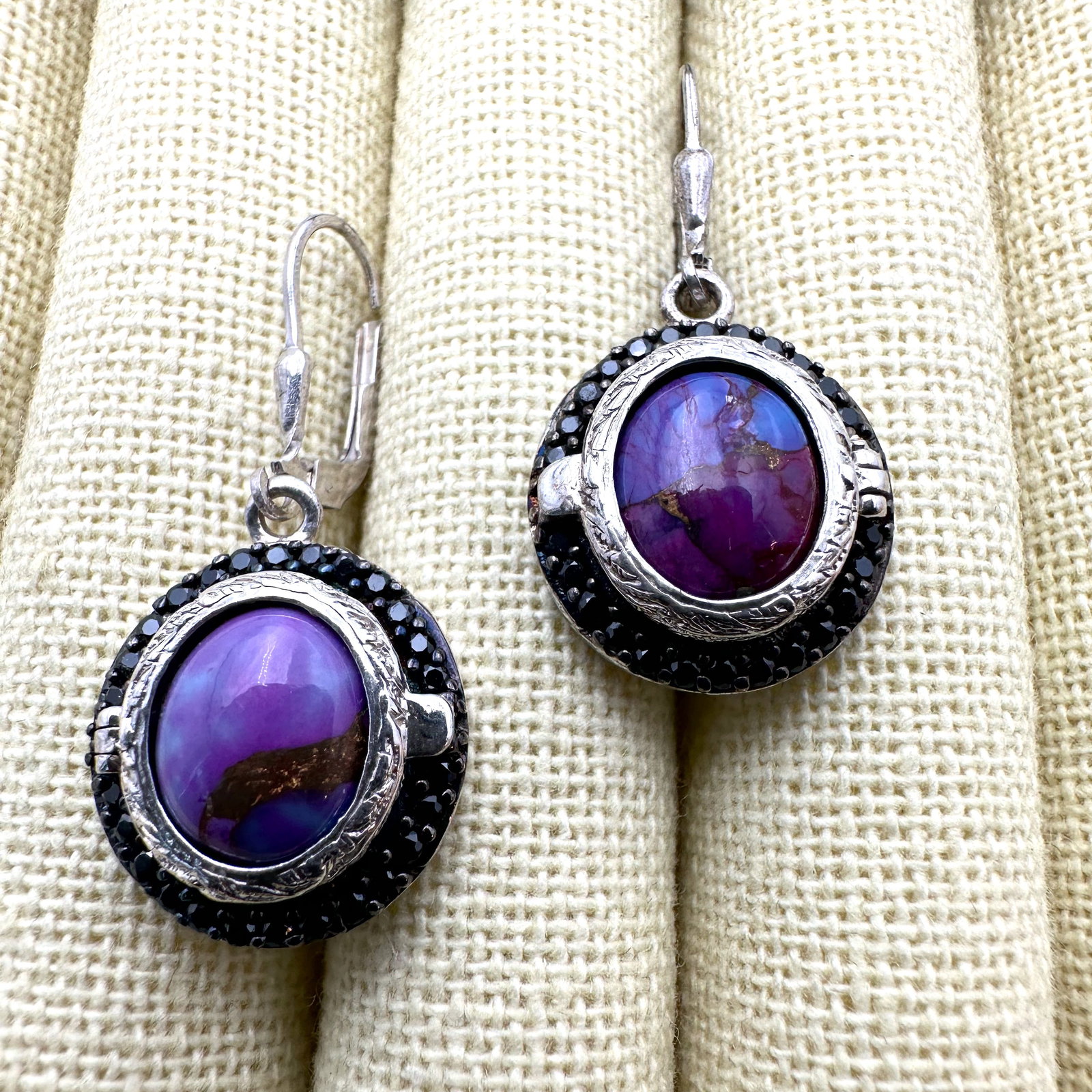 Chuck Clemency Purple Mohave Turquoise Black Spinel Sterling Silver Pierced Earrings 1.5 Inch Signed (1 of 2)