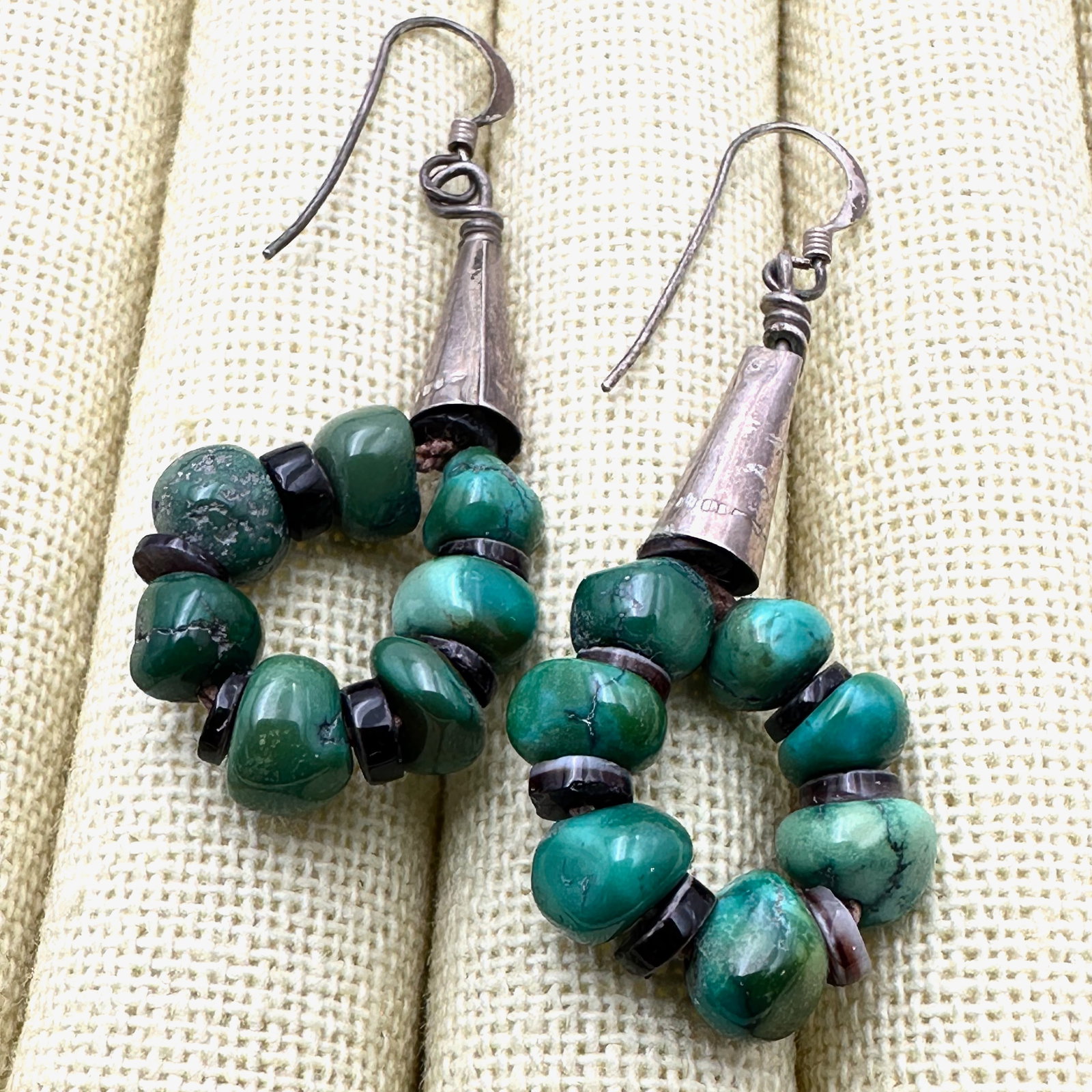 Vintage Sterling Silver Turquoise Wire Pierced Earrings 2 Inch Length (1 of 2)