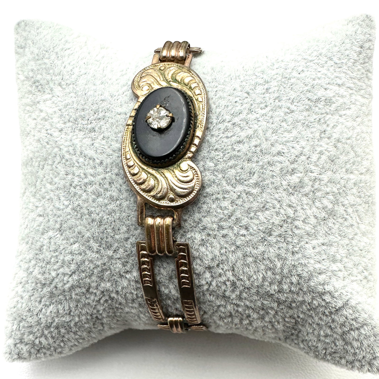 Antique Gold Plated Bracelet 6.5 Inch Black Glass Clear Stone: Antique Gold Plated Bracelet 6.5 Inch Black Glass Clear Stone