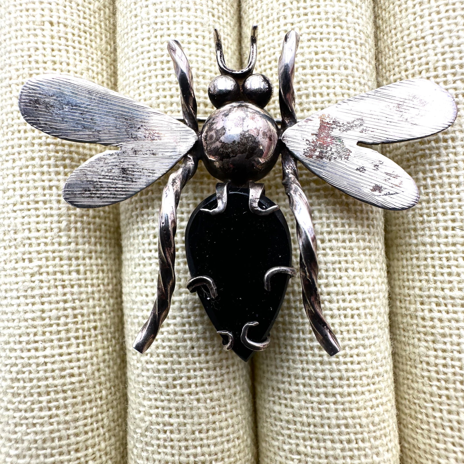 Vintage Taxco Mexico Sterling Silver Black Onyx Bug Pin Pendant 2.25 Inch: Vintage Taxco Mexico Sterling Silver Black Onyx Bug Pin Pendant 2.25 Inch