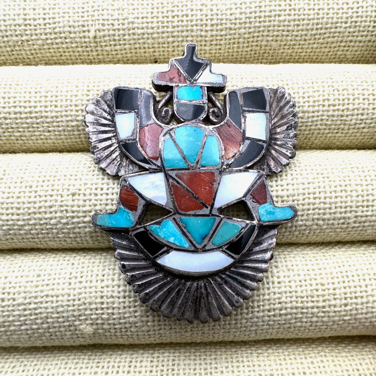 Vintage Native American Inlay Turquoise Coral Onyx Music Man Brooch Pin 2 Inch (1 of 2)