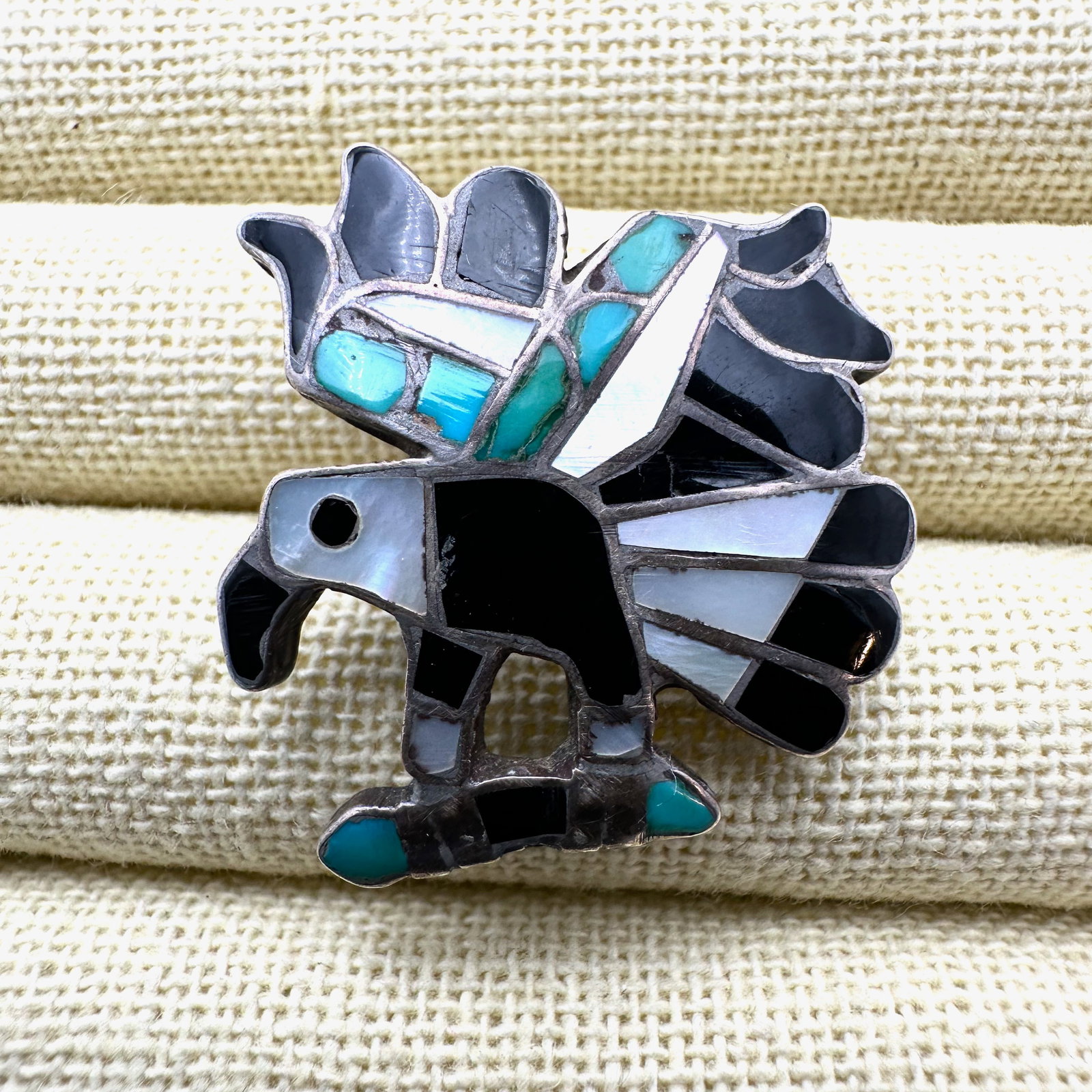 Vintage Native American Inlay Turquoise Black Onyx Eagle Bird Sterling Silver Ring Size 7.5 (1 of 2)