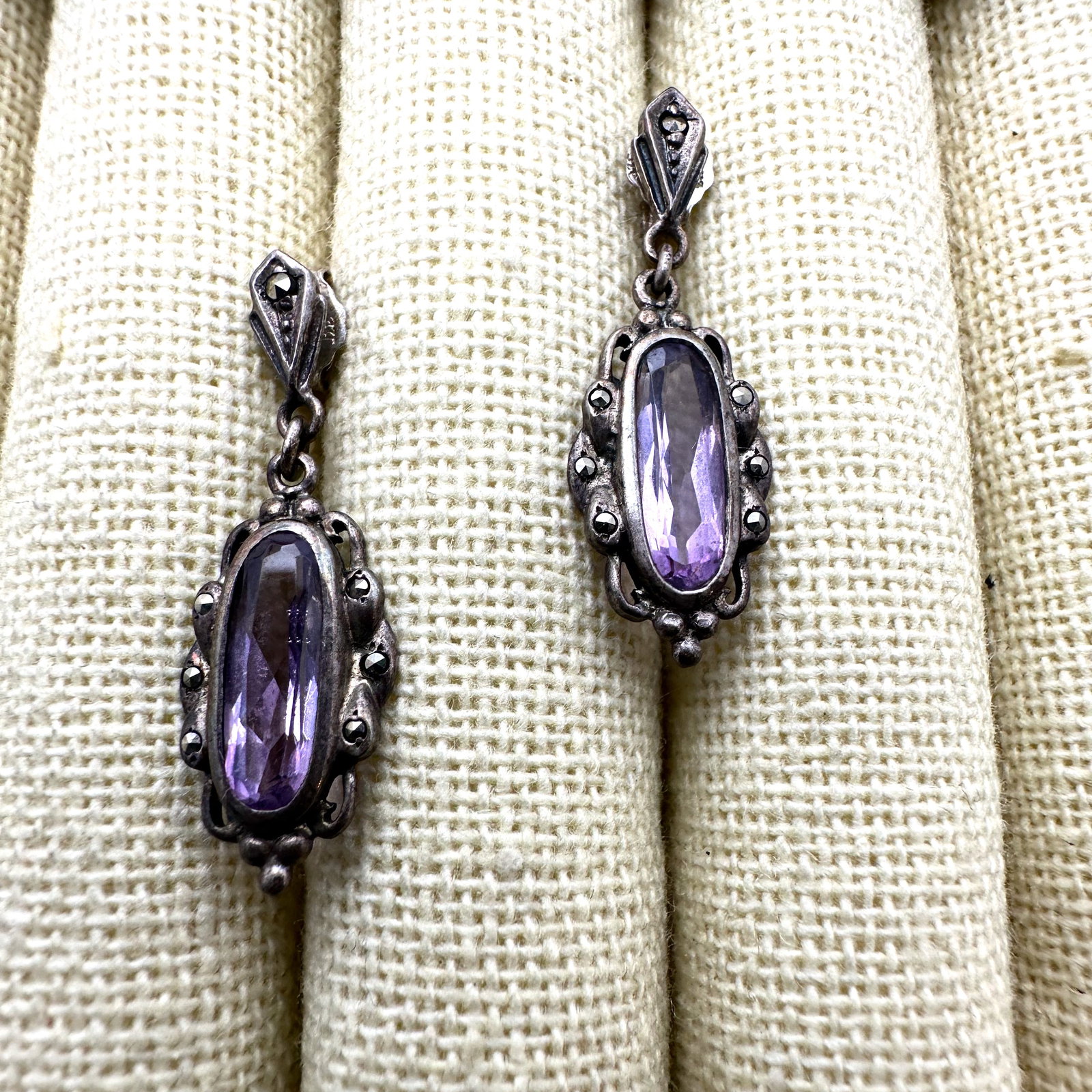 Amethyst Marcasite Sterling Silver Pierced Earrings 1.25 Inch (1 of 2)