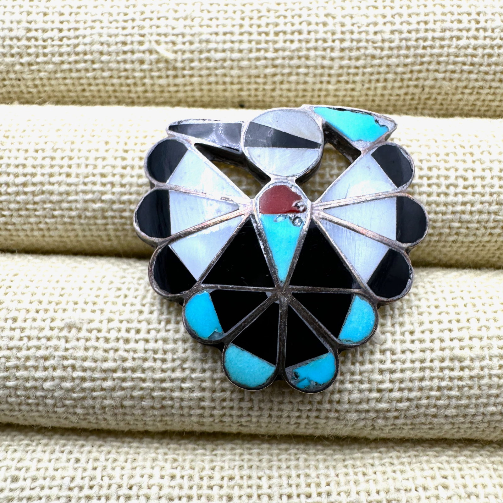 Vintage Native American Thunderbird Inlay Turquoise Black Onyx Coral Thunderbird Sterling Silver: Vintage Native American Thunderbird Inlay Turquoise Black Onyx Coral Thunderbird Sterling Silver Ring Size 9