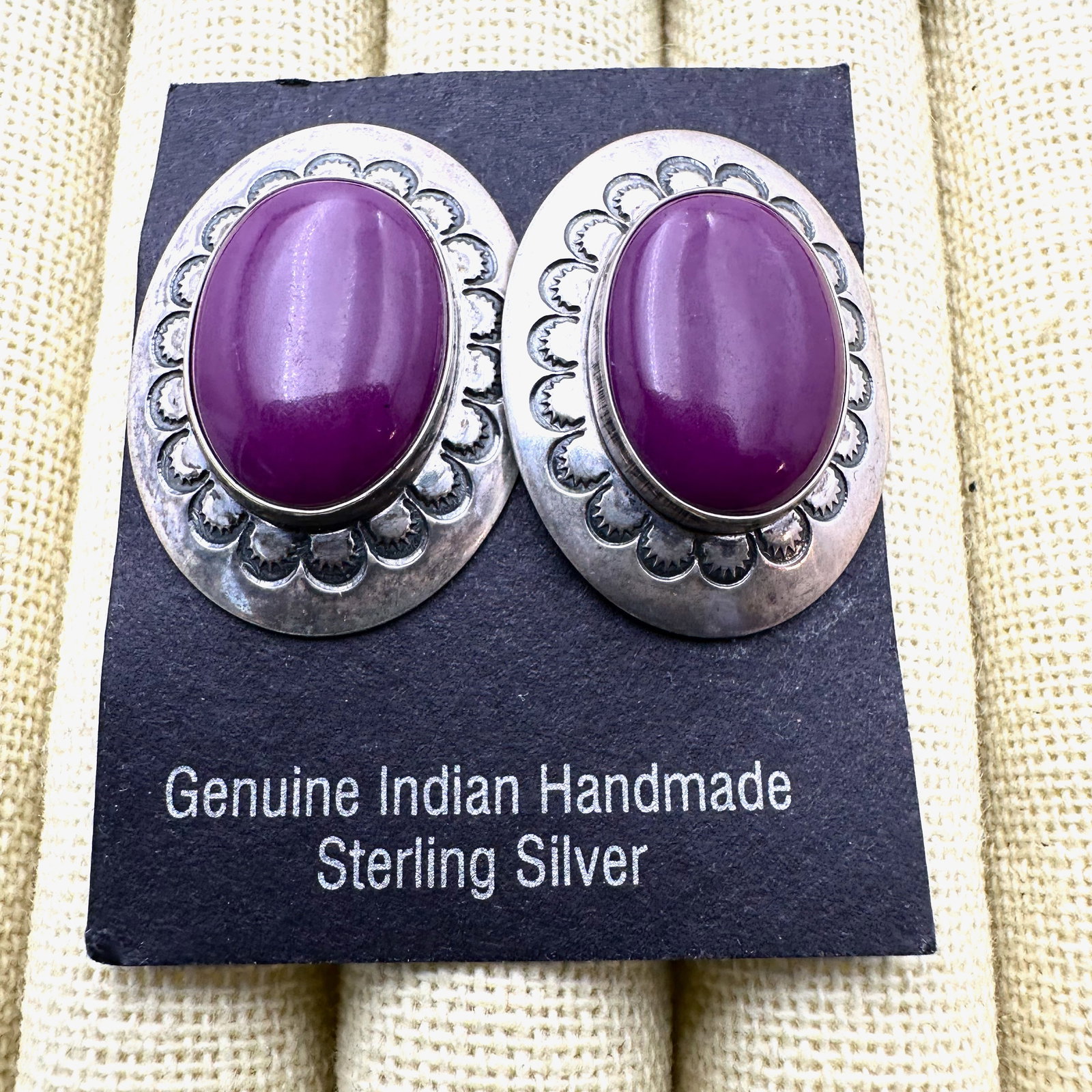 Vintage Native American Purple Gemstone Sterling Silver Clip Earrings On Original Card 1.25 Inch (1 of 2)