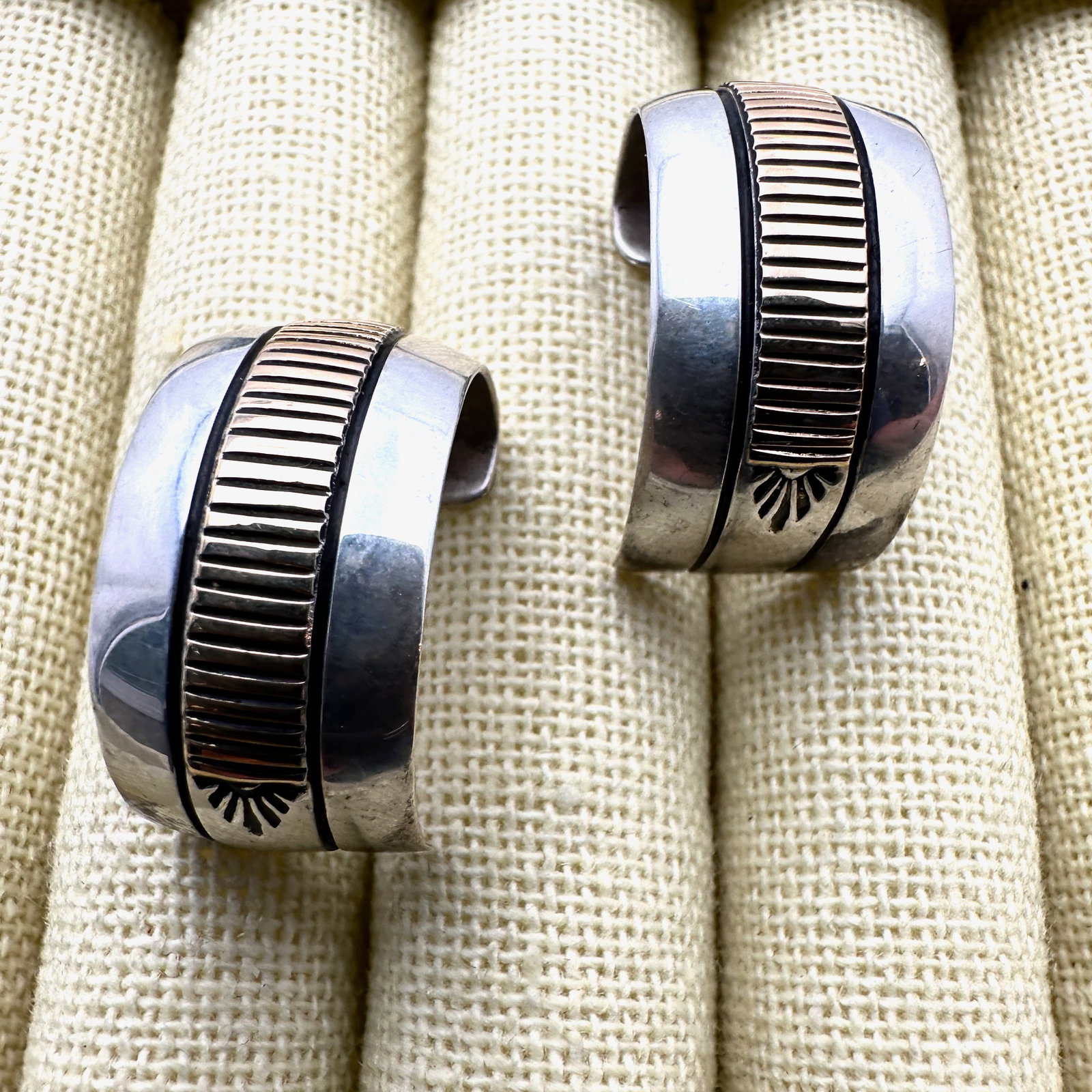 Native American B. Morgan Sterling Silver 14K Gold Half Hoop 1 Inch Pierced Earrings: Native American B. Morgan Sterling Silver 14K Gold Half Hoop 1 Inch Pierced Earrings