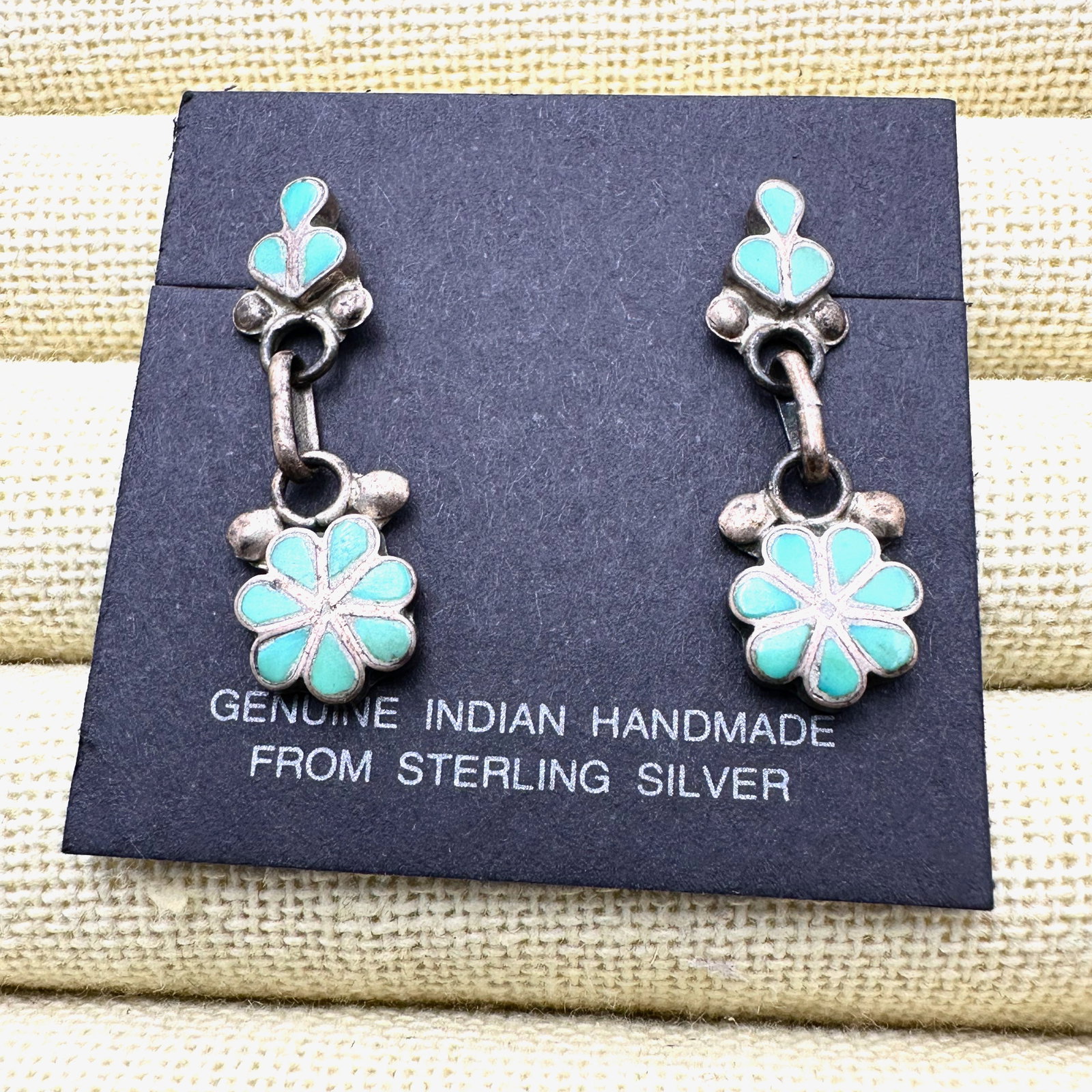 Vintage Native American Turquoise Sterling Silver Pierced Chandelier Earrings on Original Card (1 of 2)