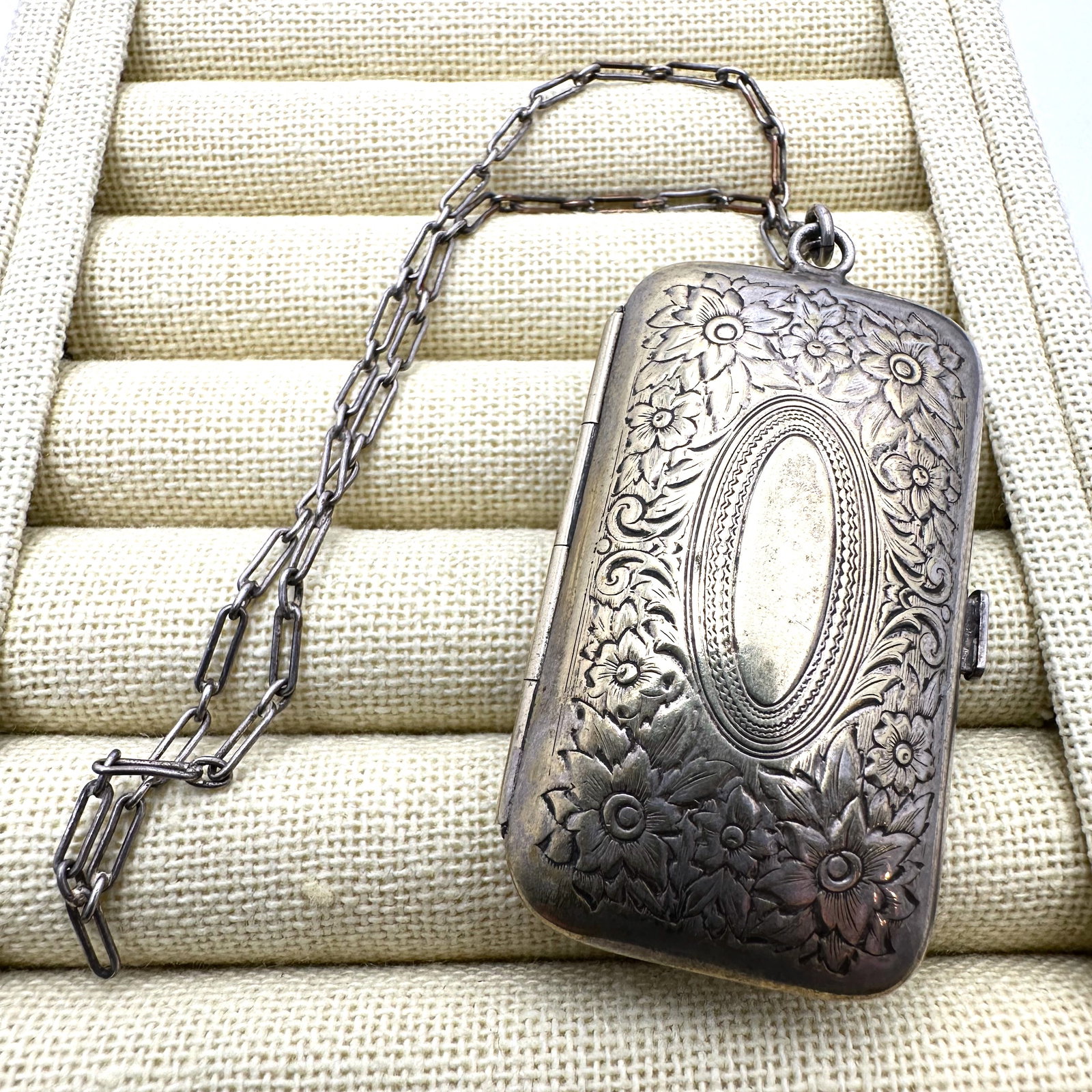 Antique German Silver Coin Compact on Chain For Hand Floral Engraved Cover (1 of 3)