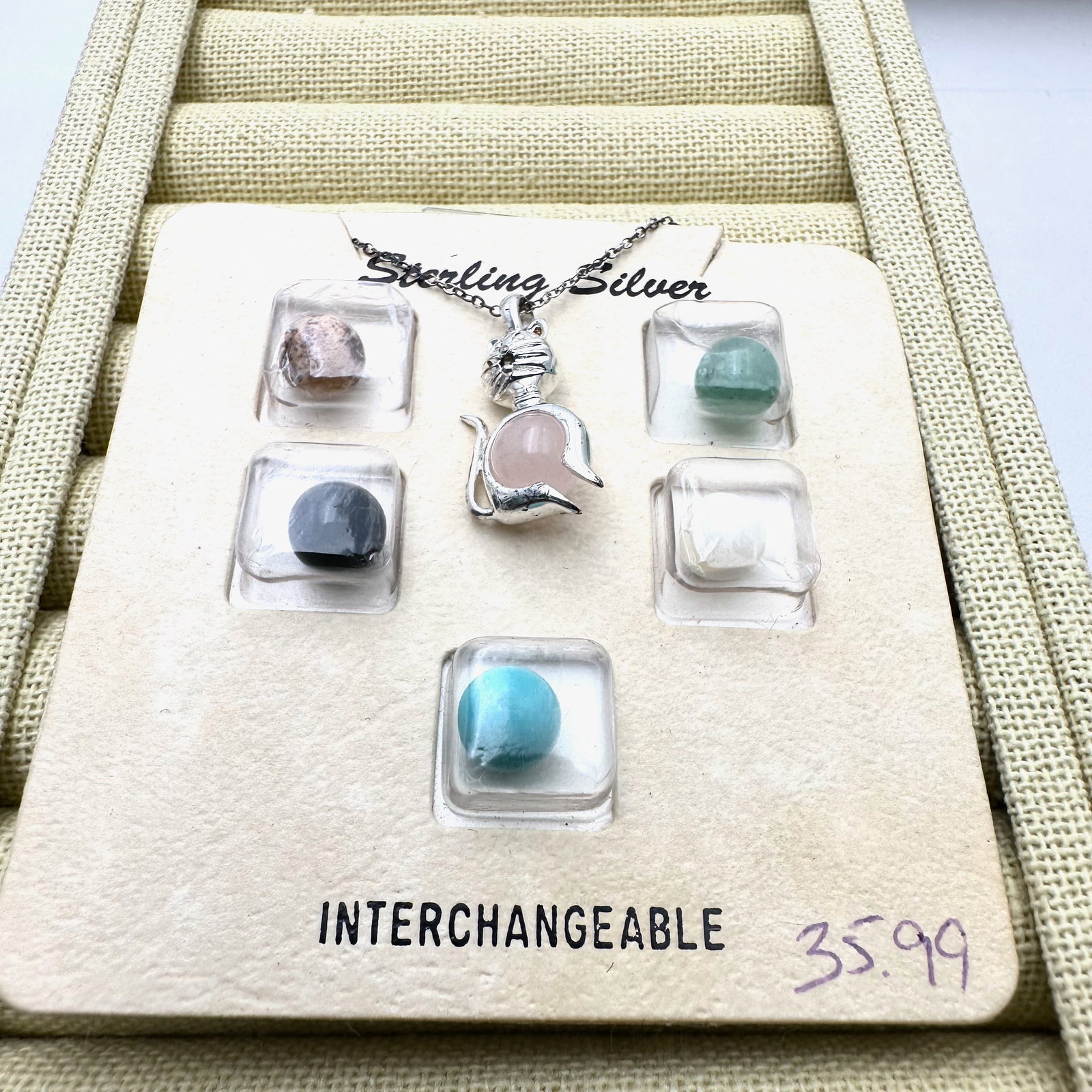 Interchangeable Gemstone Sterling Silver Cat Pendant Necklace Original Card (1 of 2)