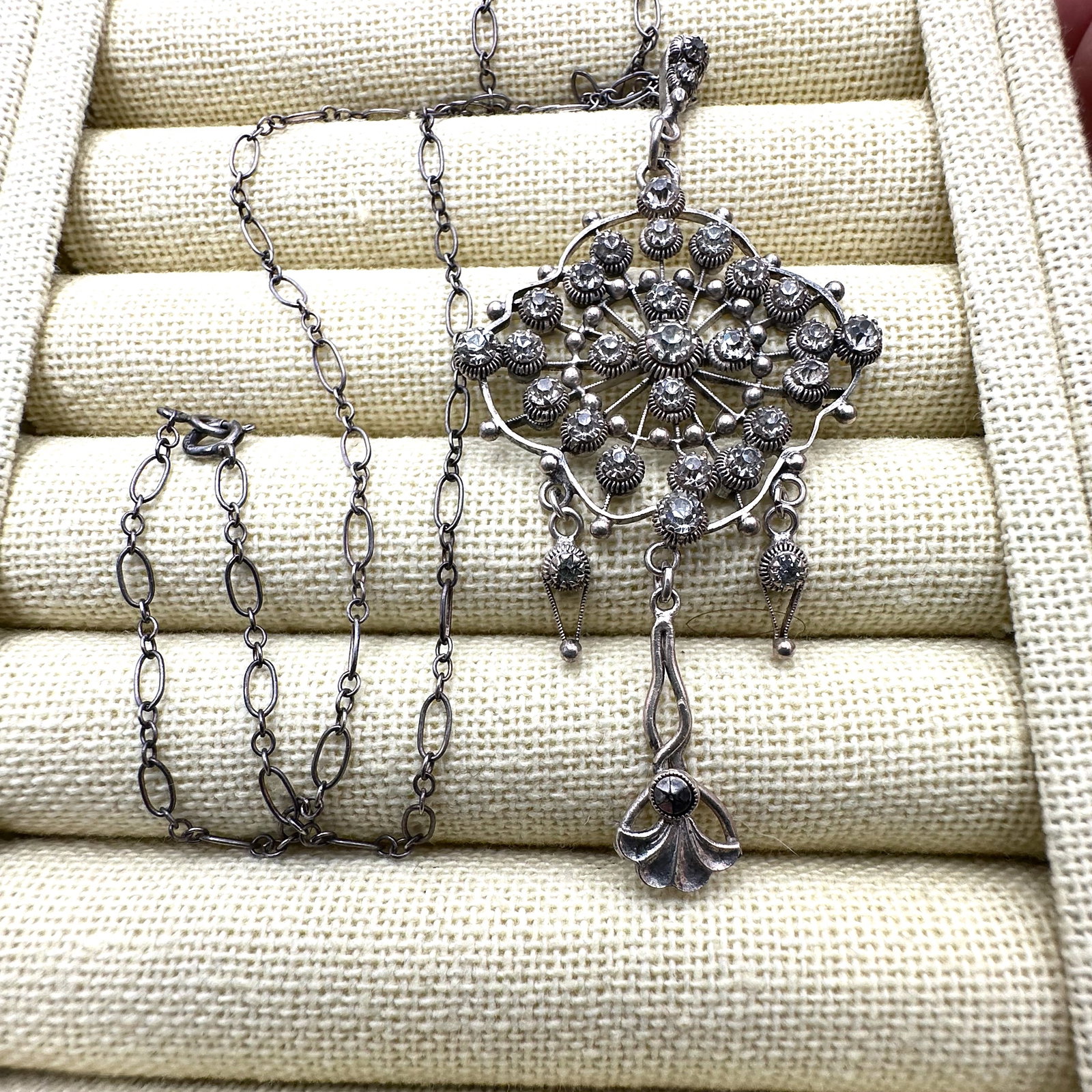 Rare Find Georgian? Antique Sterling Silver Clear Stones (not gemstone) 3 Inch Pendant Necklace 16: Rare Find Georgian? Antique Sterling Silver Clear Stones (not gemstone) 3 Inch Pendant Necklace 16 Inch Chain