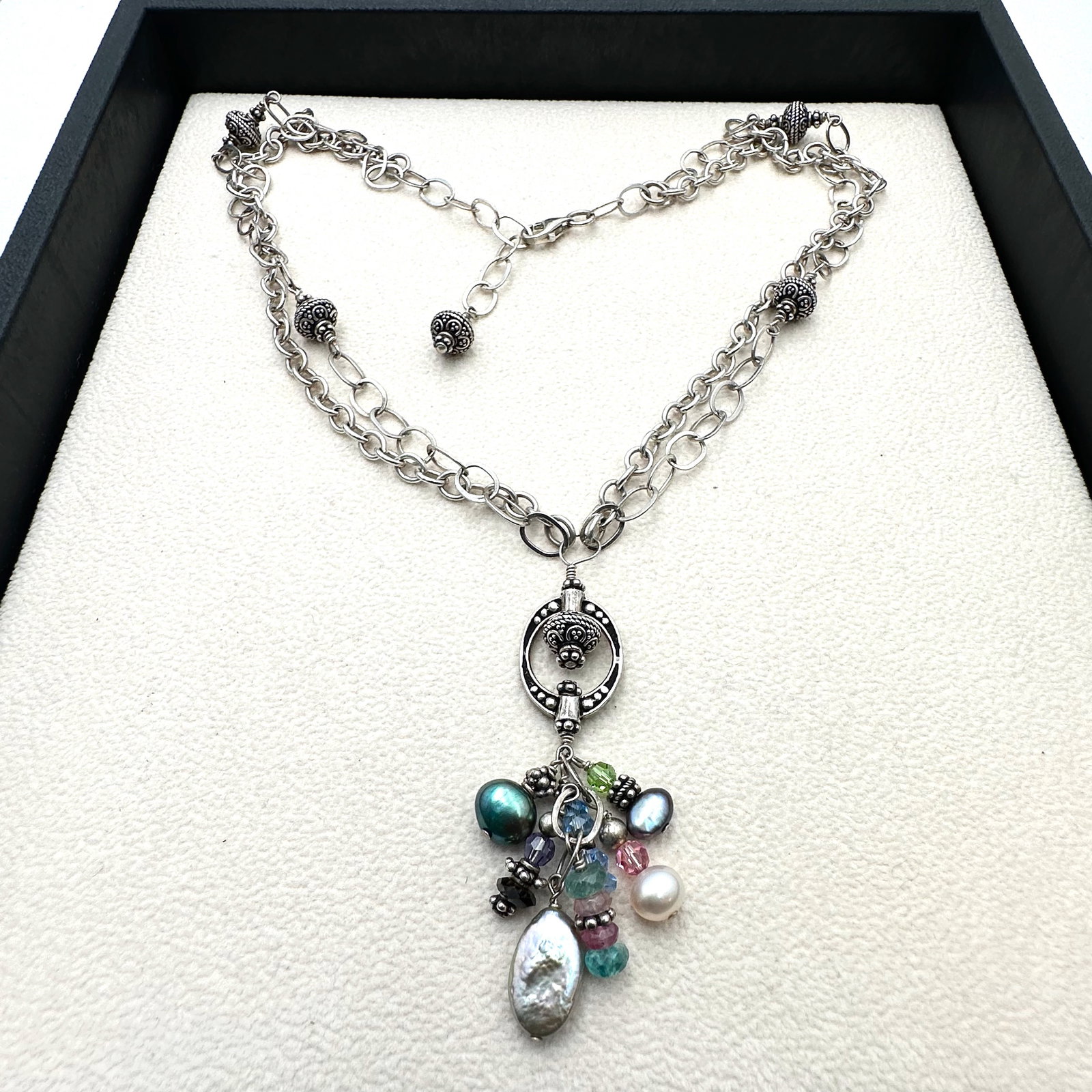 Pearl and Multicolor Crystal Sterling Silver Pendant Necklace 17 Inch Weight 31 Grams: Pearl and Multicolor Crystal Sterling Silver Pendant Necklace 17 Inch Weight 31 Grams
