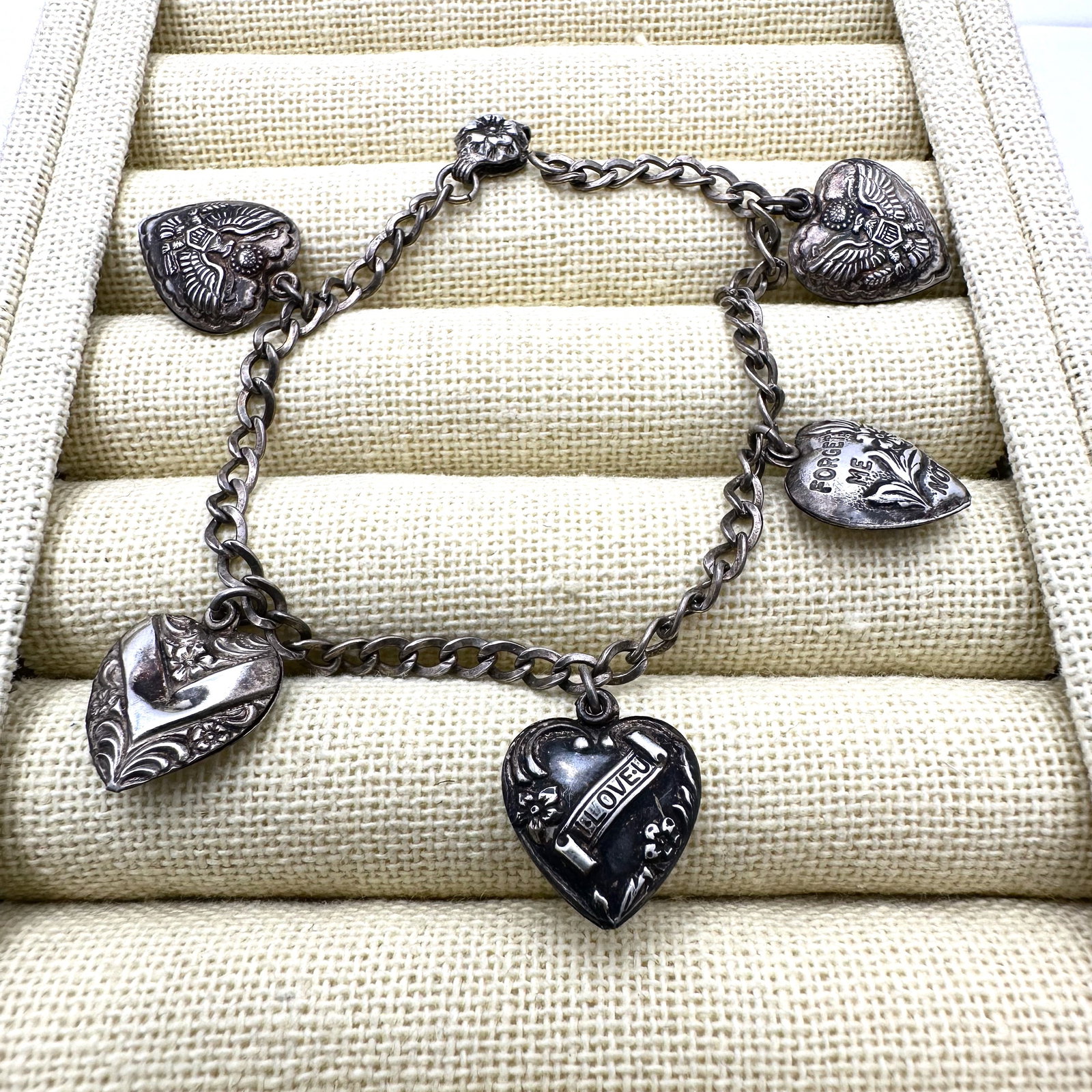Antique Sterling Silver Puffy Heart Charm Bracelet 7 Inch 5 Heart Charms (1 of 2)