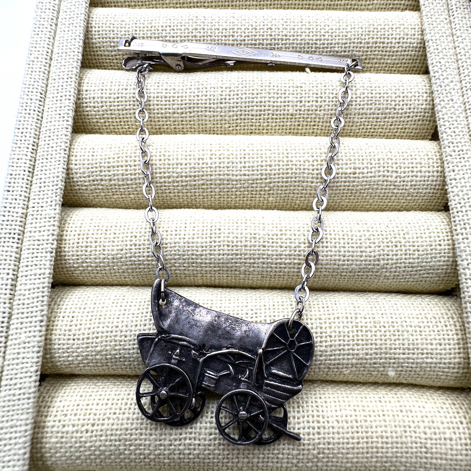 Antique Vintage Sterling Silver Covered Wagon American Western Tie Clip Bar (1 of 2)
