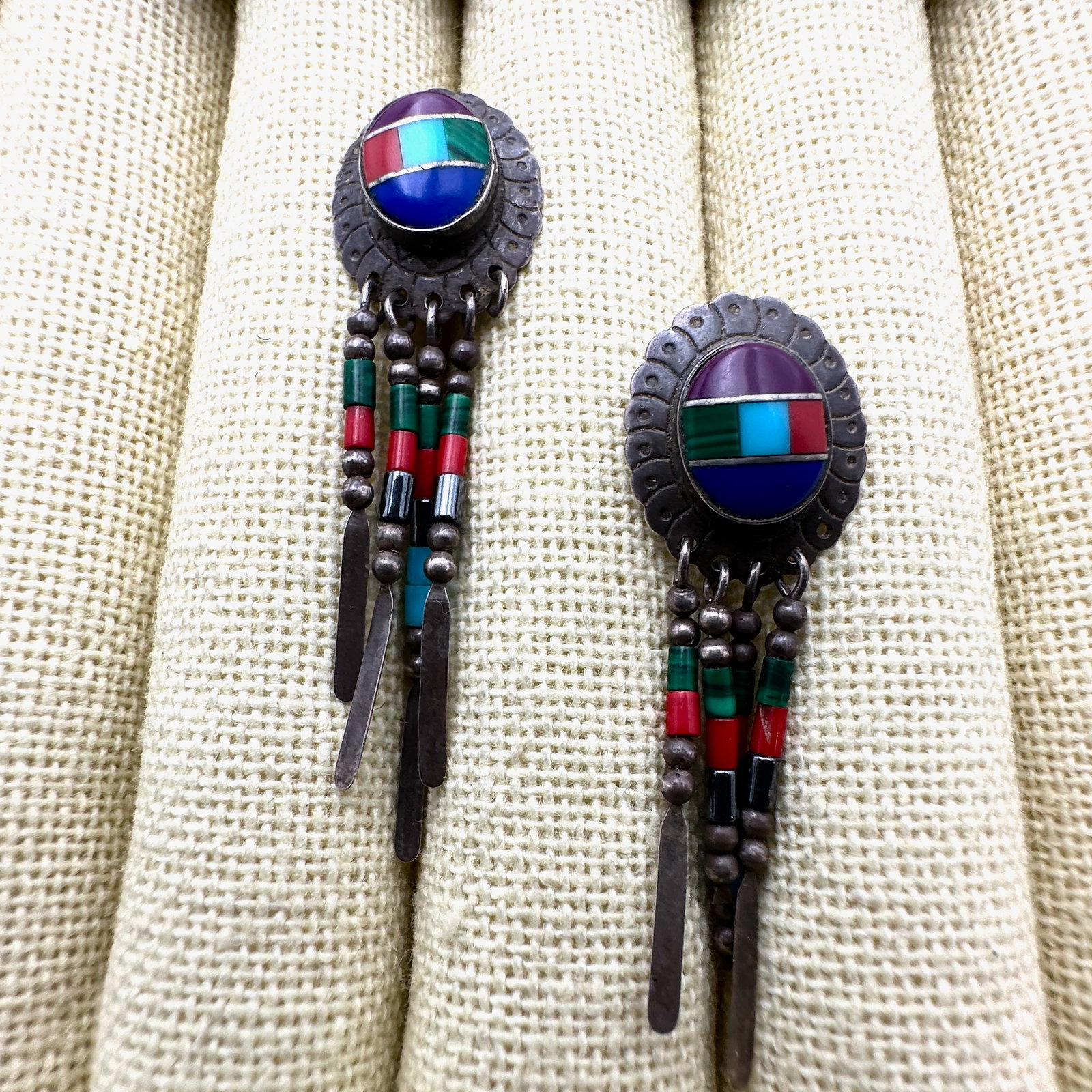 Vintage American Southwest Inlay Gemstone Sterling Silver Pierced Chandelier Earrings 1.5 Inch (1 of 2)