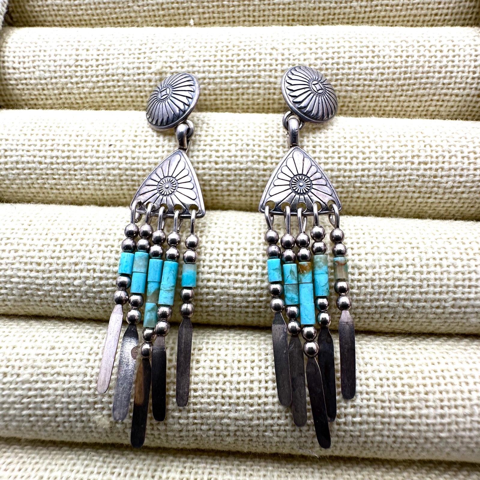 Vintage American Southwest Turquoise Sterling Silver Chandelier Pierced Earrings 2 Inch (1 of 2)