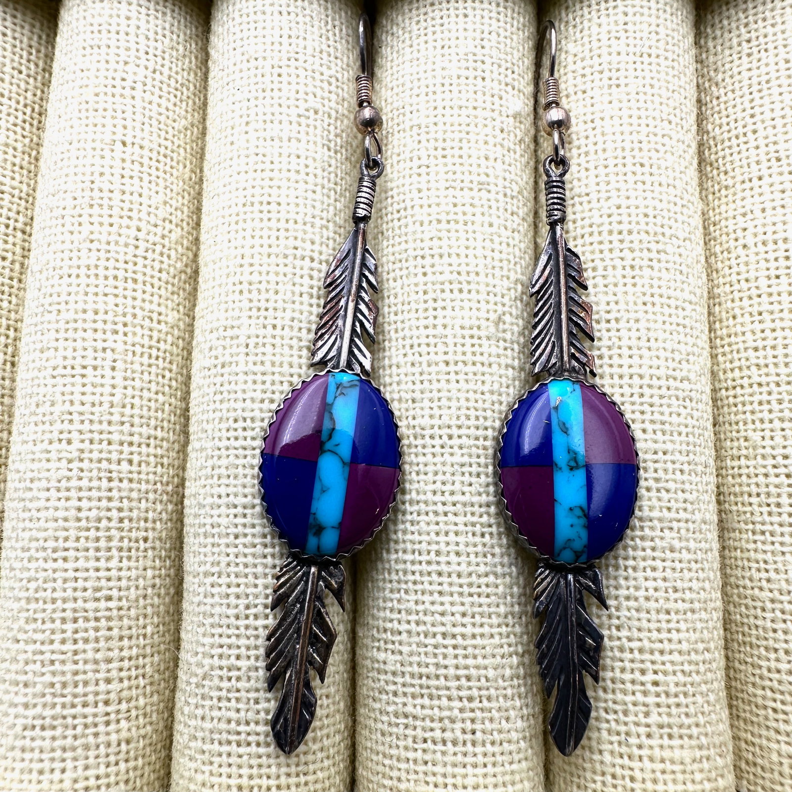 Vintage Native American Inlay Turquoise Gemstone Feather Design Sterling Silver Pierced Earrings 3 (1 of 2)