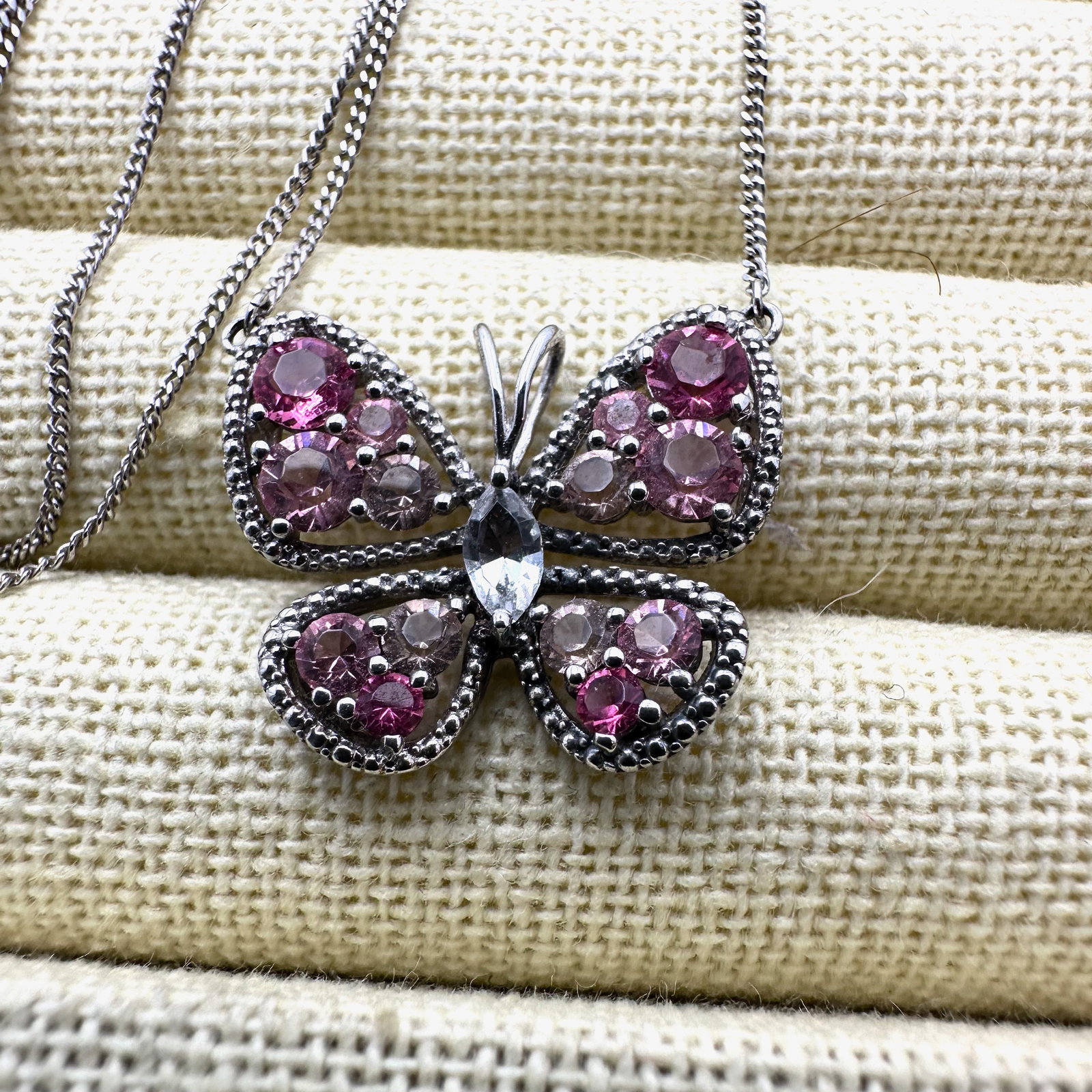 Pink Stone Butterfly Pendant Sterling Silver Necklace 17 Inch Chain (1 of 2)