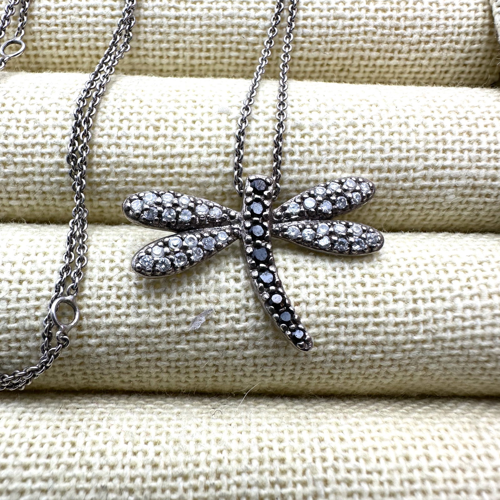 Black and Clear Diamond Dragonfly Pendant Sterling Silver Necklace Chain 19 Inch (1 of 2)