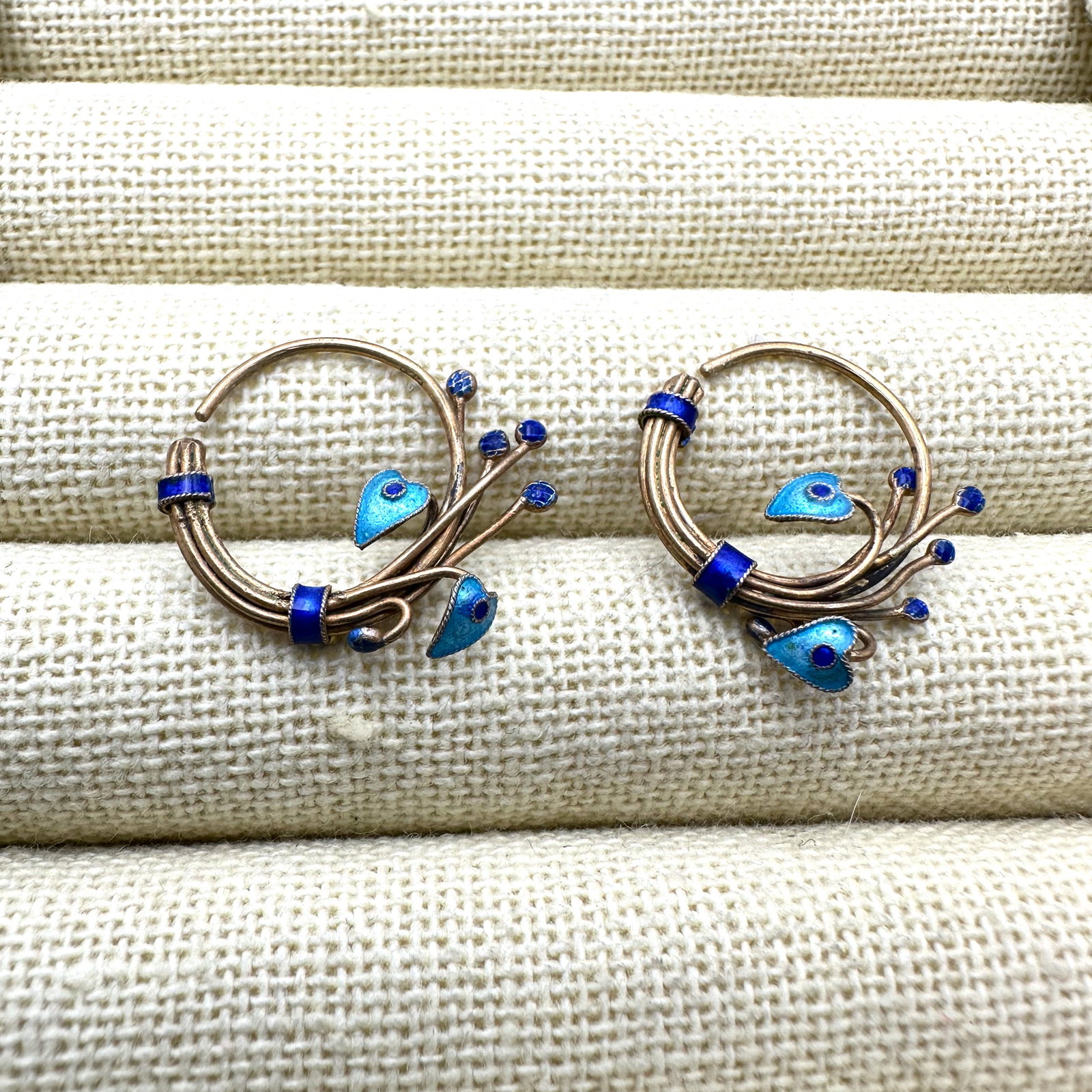 Chinese Export Blue Enamel Gold Plated 3/4 Inch Hoop Pierced Earrings (1 of 2)