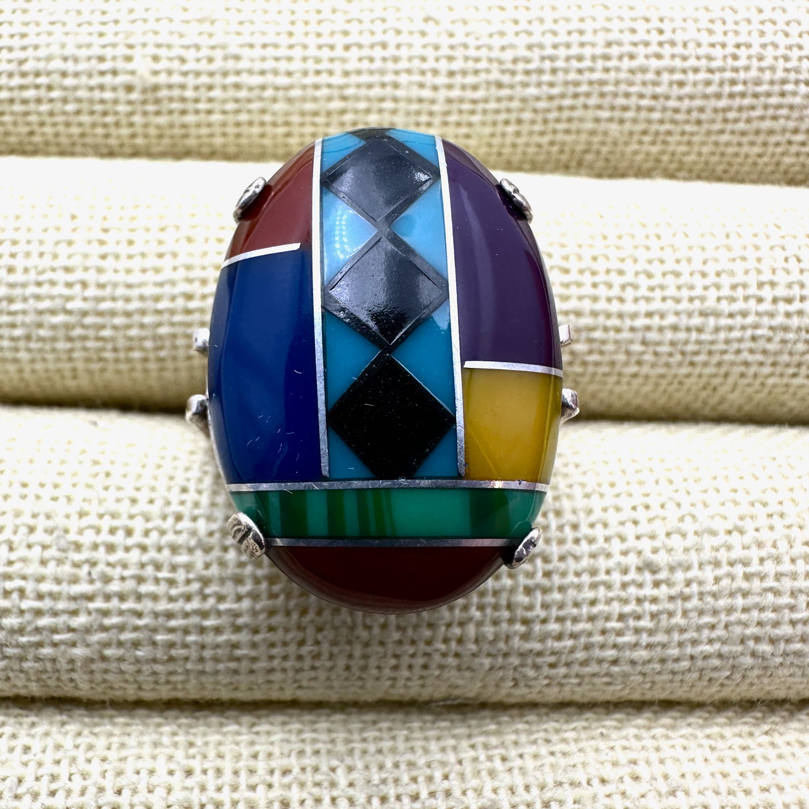 Western Inlay Multicolor Gemstone Sterling Silver Ring Size 8.5 (1 of 2)