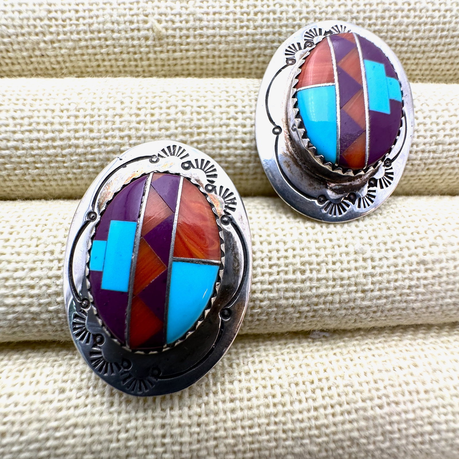 American Southwest Inlay Gemstone Turquoise Sterling Silver Pierced Earrings 1.5 Inch (1 of 2)