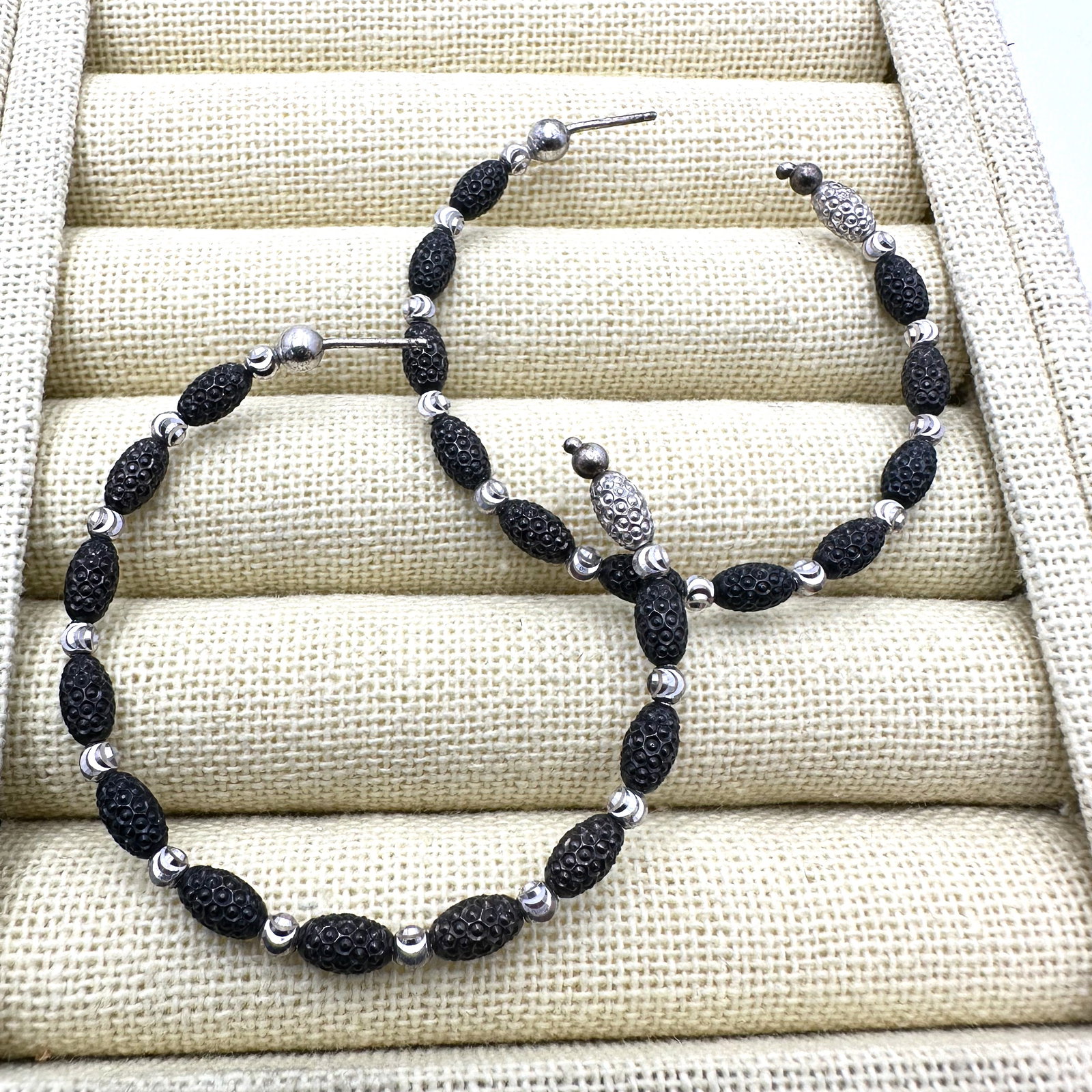 Black and Silver Diamond Cut Design 2 Inch Pierced Hoops (1 of 2)