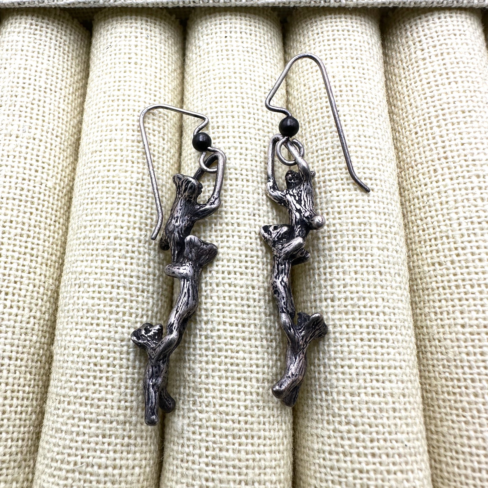 Vintage Sterling Silver "Climbing Bear Cubs" Pierced Earrings 2 Inch Length (1 of 2)