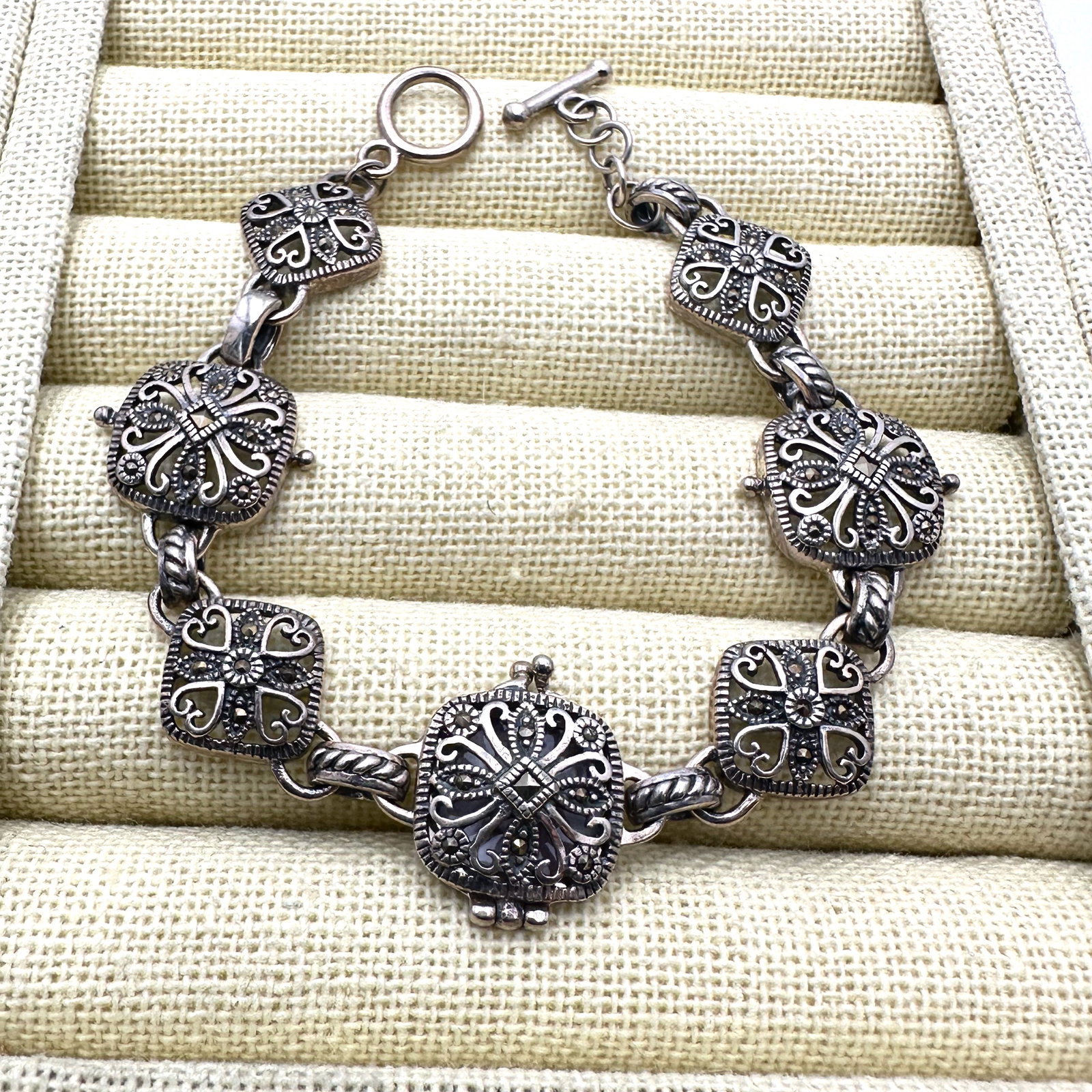 Marcasite Sterling Silver Picture Locket Toggle Bracelet 7 Inch Weight 19 Grams (1 of 2)