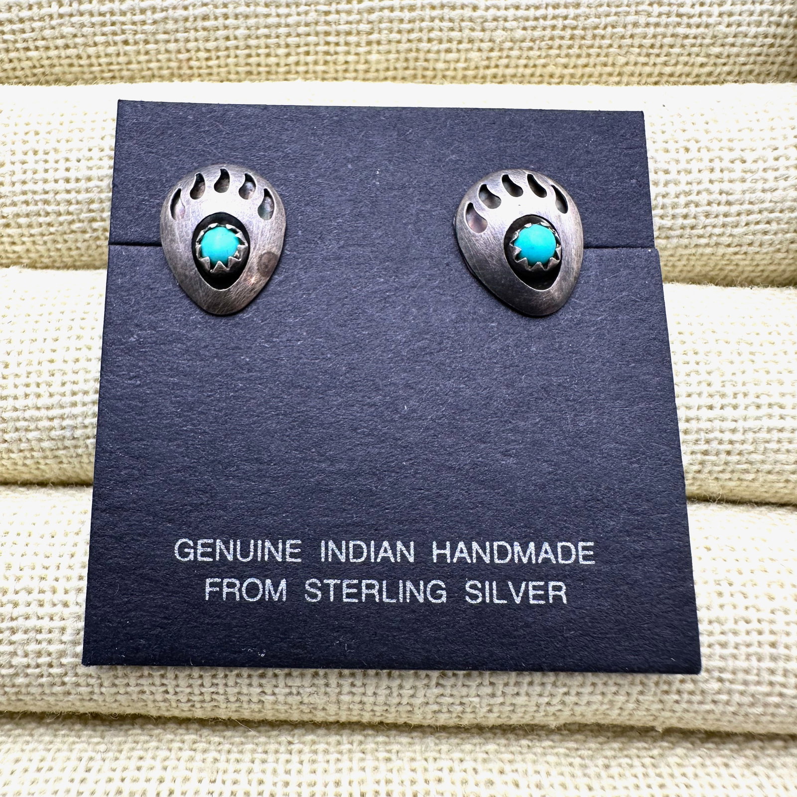 Vintage Native American Turquoise Sterling Silver Bear Paw Design Pierced Earrings On Original Card: Vintage Native American Turquoise Sterling Silver Bear Paw Design Pierced Earrings On Original Card