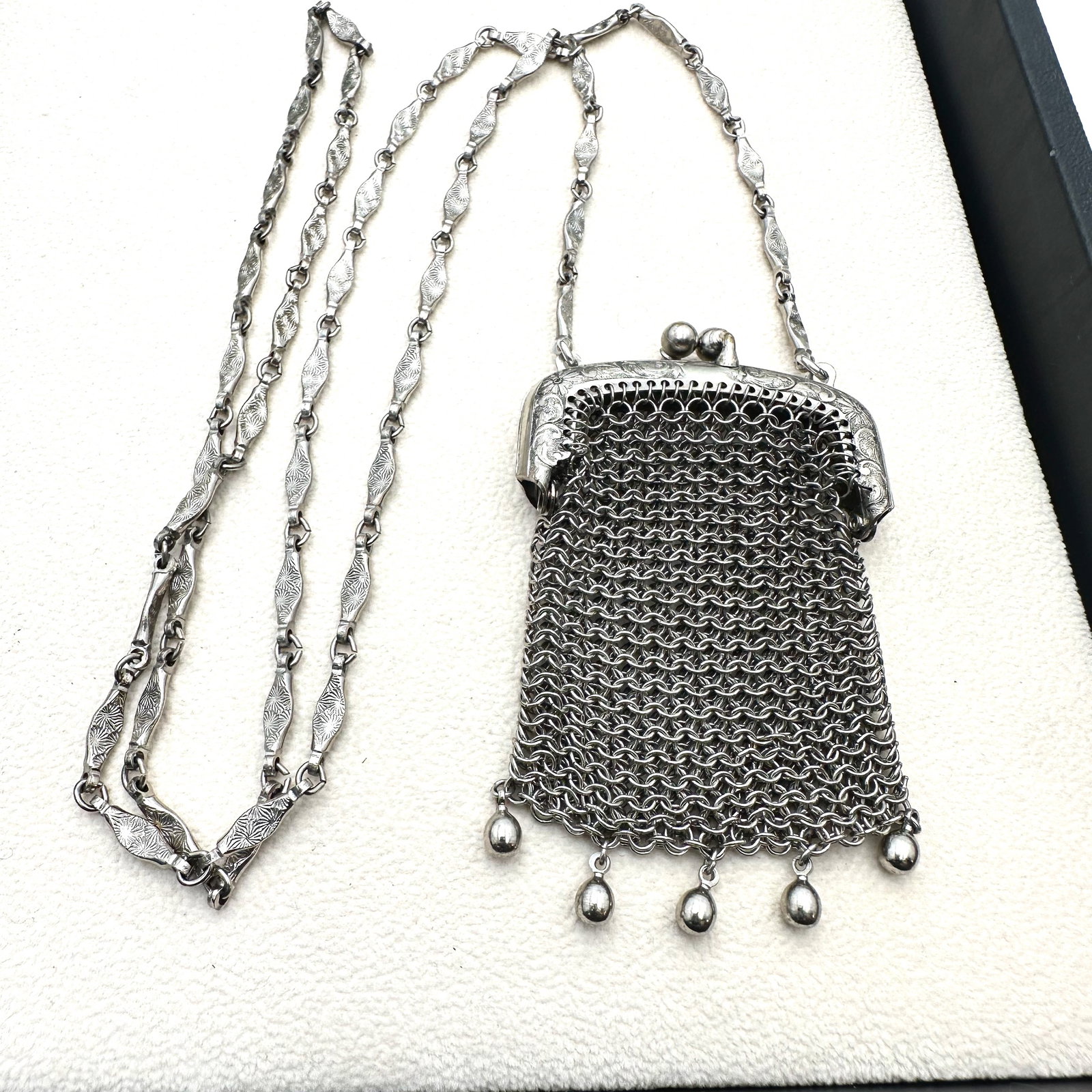 Antique Whiting and Davis Miniature Silver Mesh Pursette 3 Inch by 2 Inch on Chain 28 Inch (1 of 2)