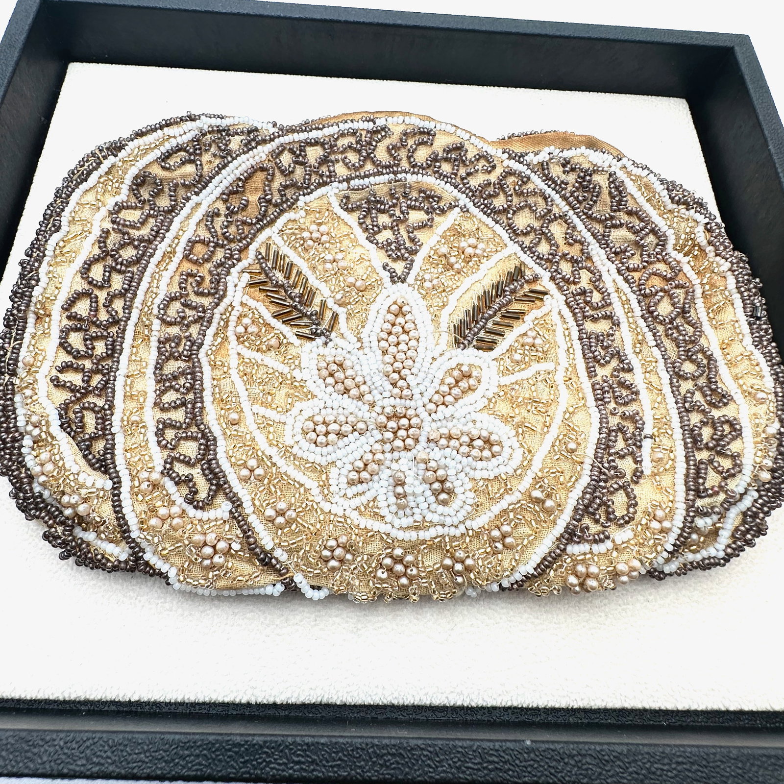 Antique Made in France Glass Beaded Purse Clutch 7 Inch by 4 Inch Beige White Gold (1 of 3)